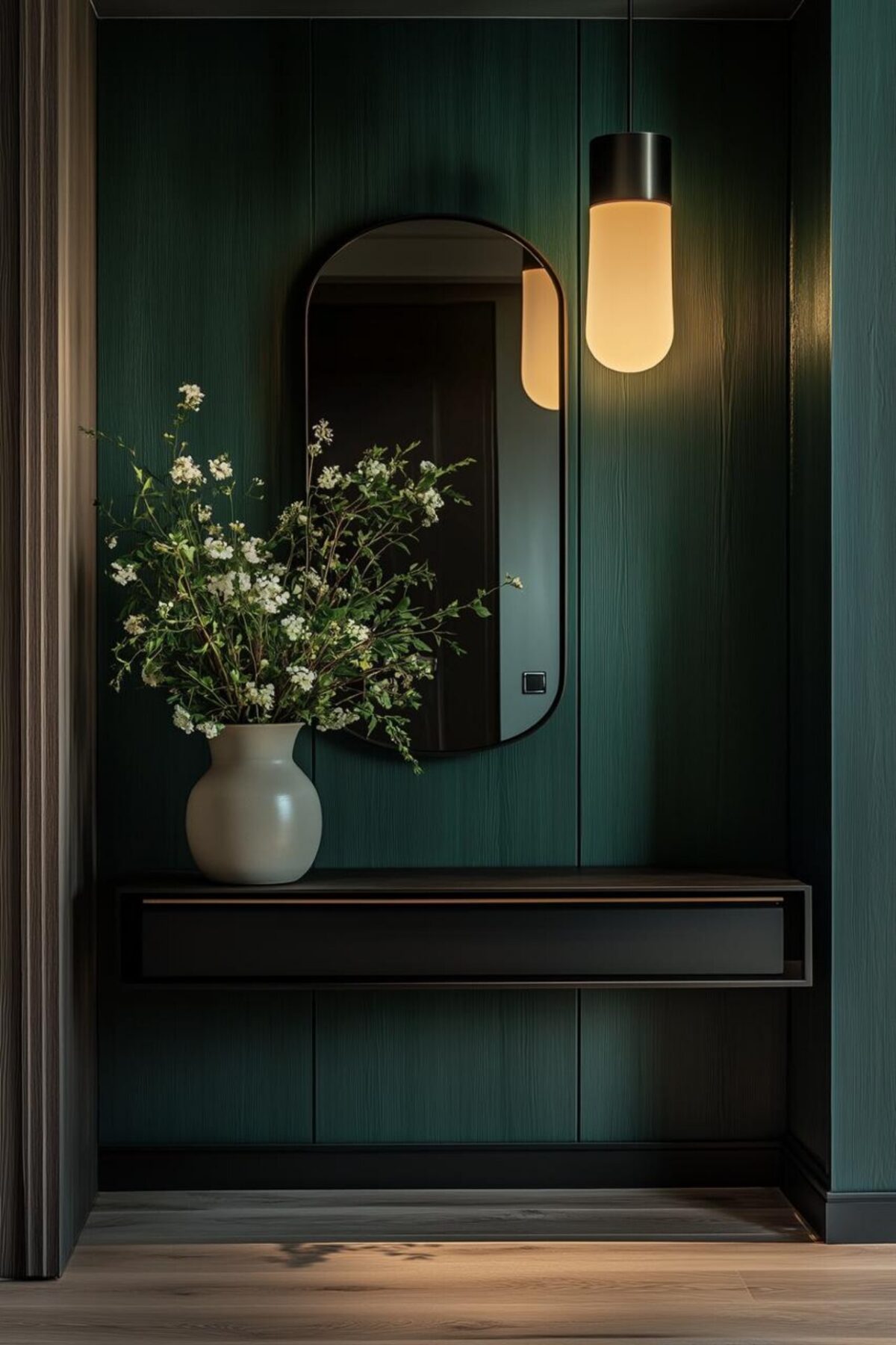 entrée vert profond avec miroir arrondi, console suspendue, bouquet et suspension lumineuse chaude près d’un interrupteur mural discret
