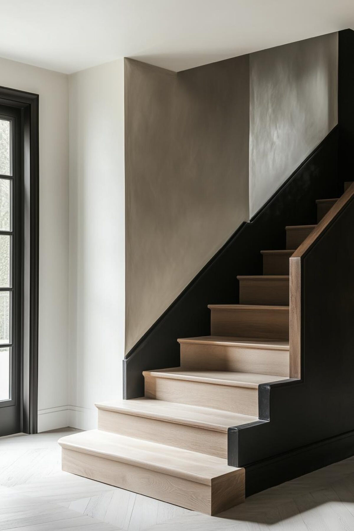 escalier en bois clair associé à un soubassement noir graphique dans une entrée lumineuse