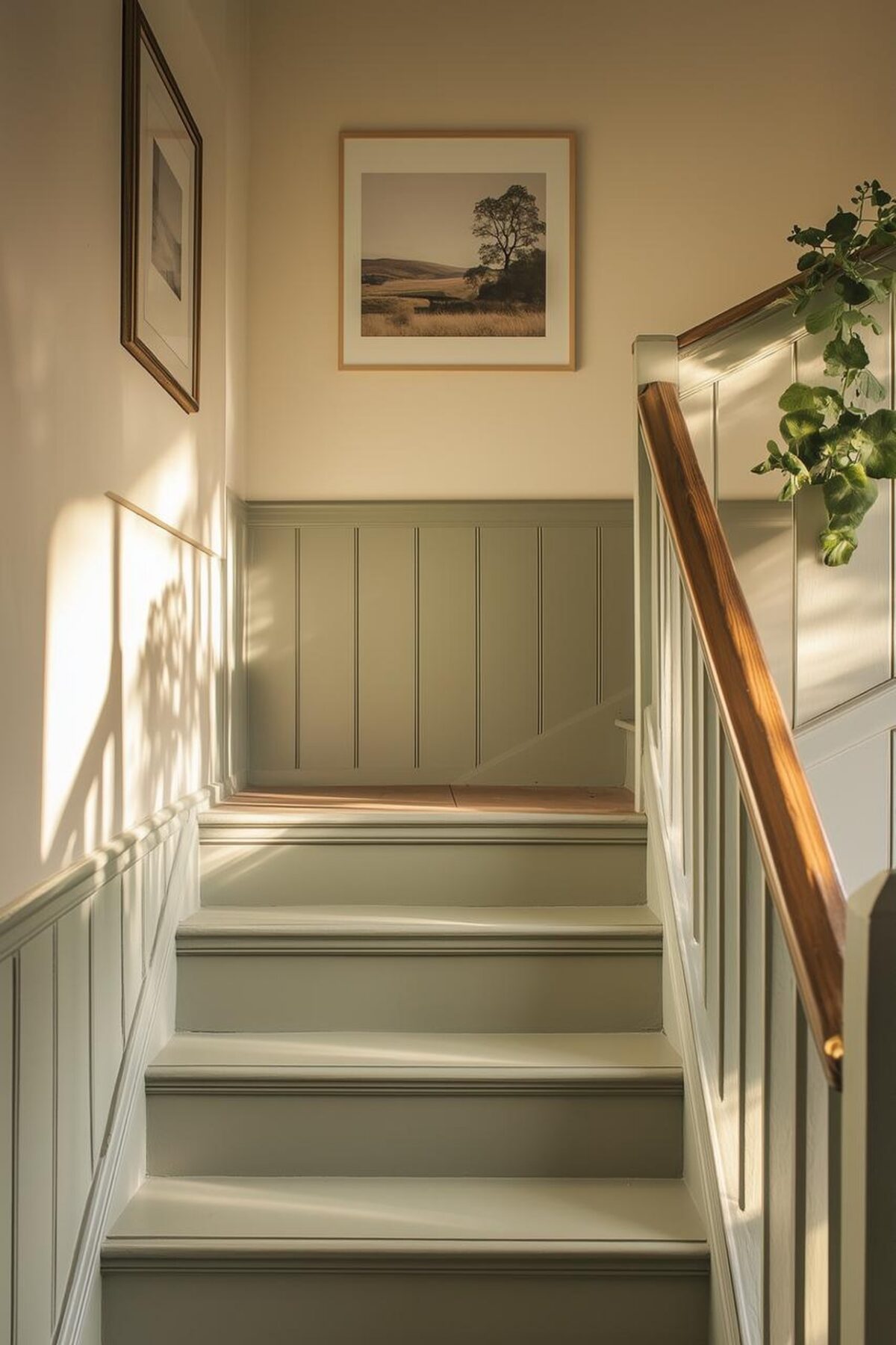 peindre un escalier vert sauge avec boiseries murales, rampe en bois et lumière chaude