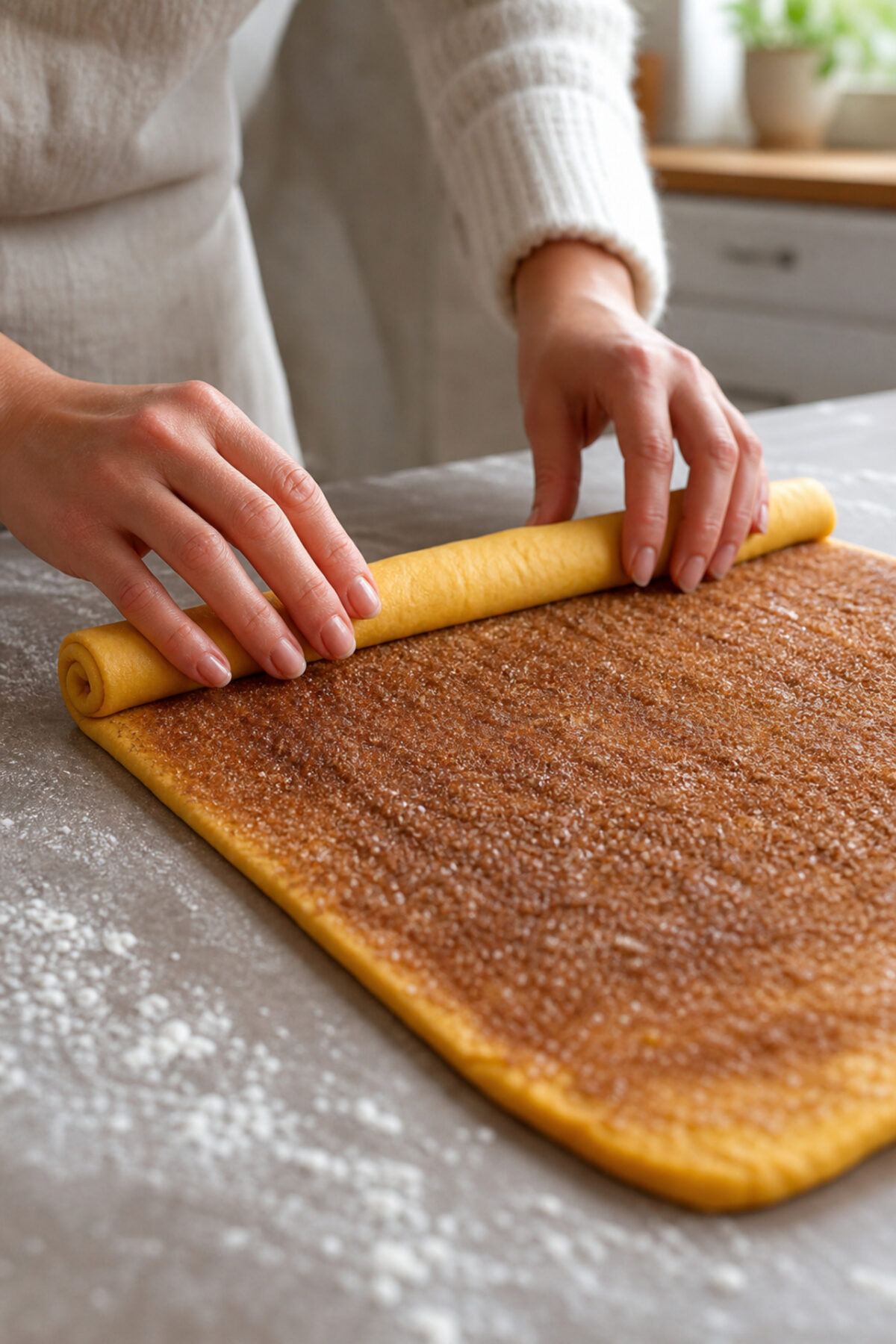 mains roulant une pâte briochée au potimarron recouverte de beurre, cassonade et cannelle