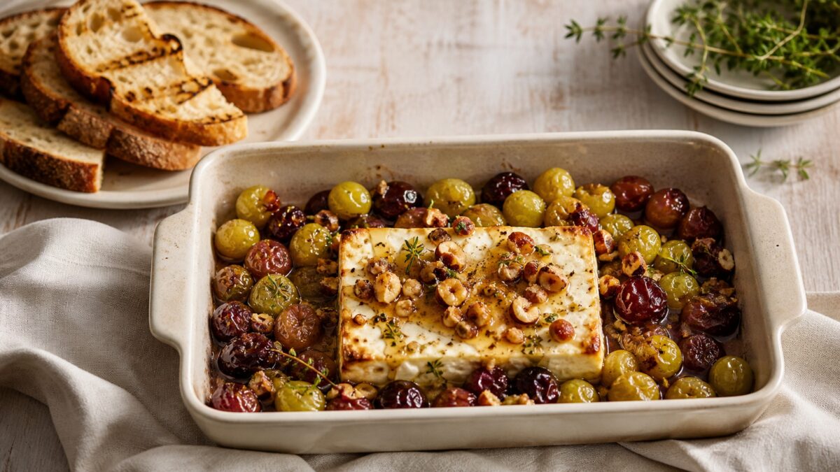 feta rôtie aux raisins verts et violets, miel, thym et noisettes dans un plat en céramique
