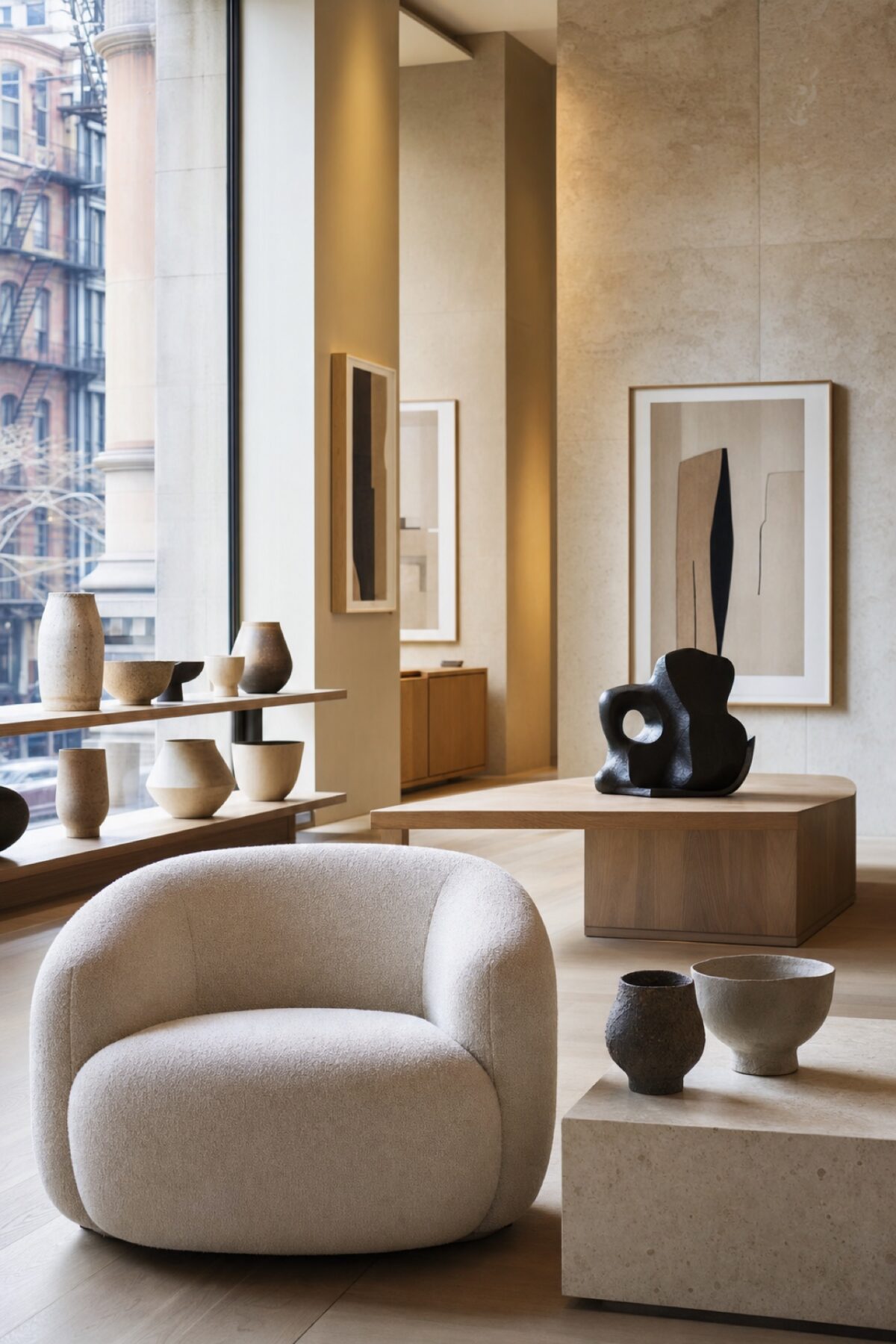 galerie design à Tribeca avec fauteuil bouclette, céramiques, œuvres abstraites et mobilier sculptural