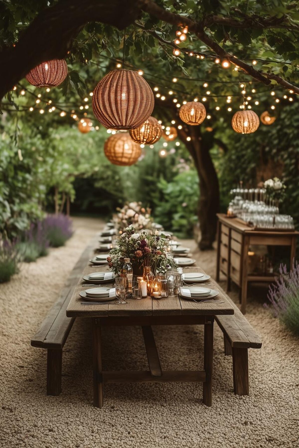 Longue table en bois dressée sur du gravier sous une canopée, avec bouquets champêtres, bougies, guirlandes lumineuses et lanternes tressées.