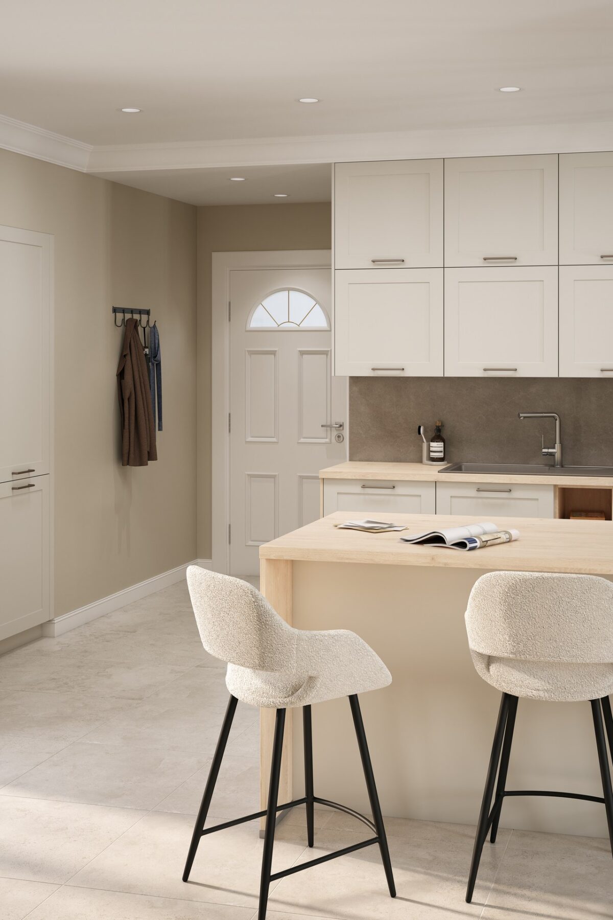 Cuisine équipée compacte en U beige et bois avec plan de travail, rangements et coin repas