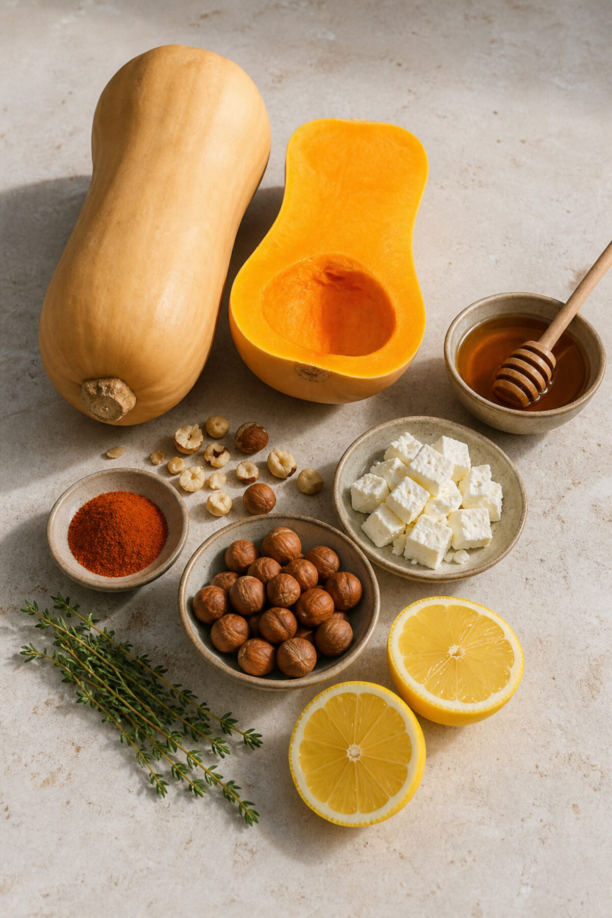 butternut, miel, feta, noisettes, paprika, thym, citron et huile d’olive disposés sur un plan de travail clair