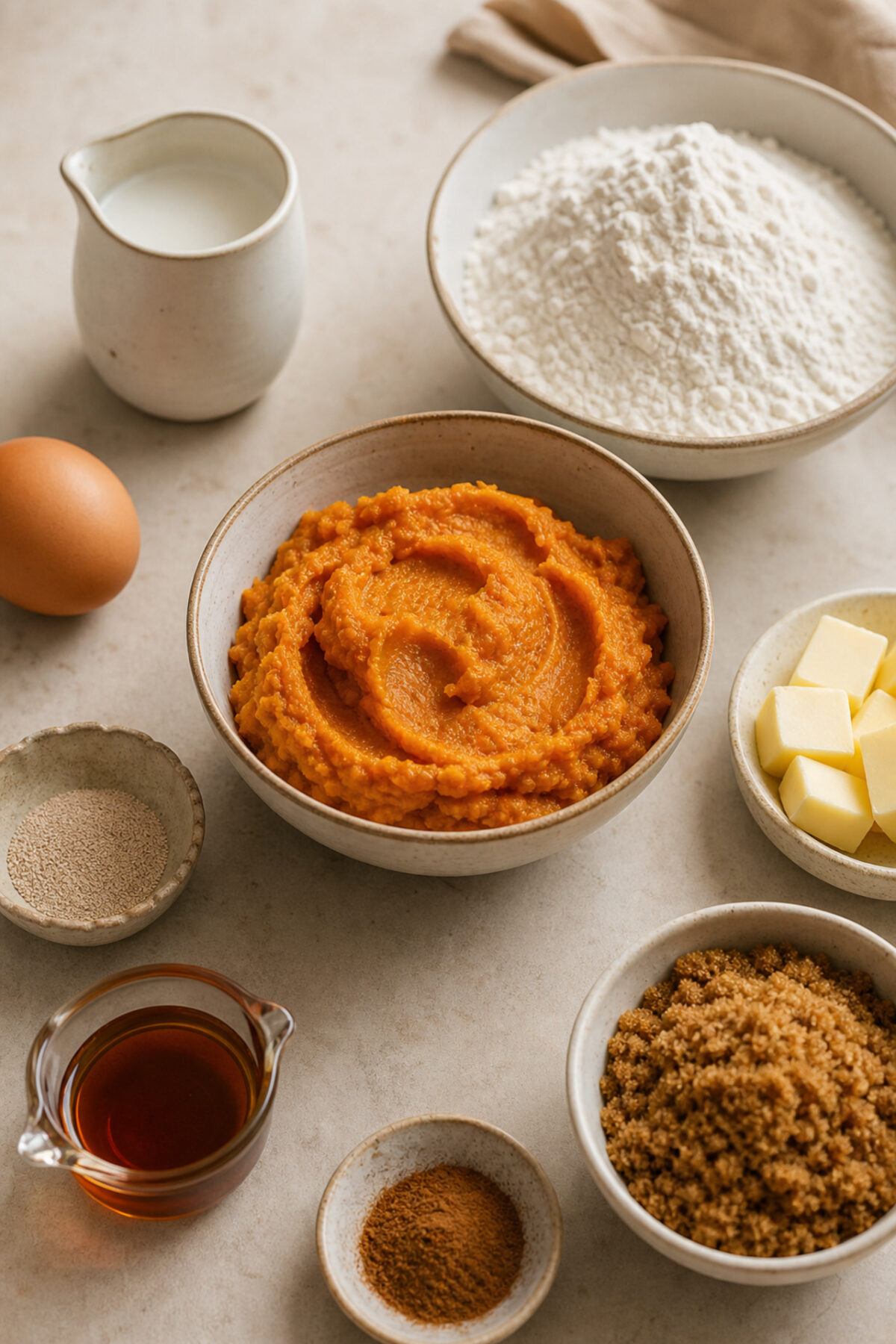 purée de potimarron, farine, levure boulangère, lait, œuf, beurre, cassonade, cannelle et sirop d’érable