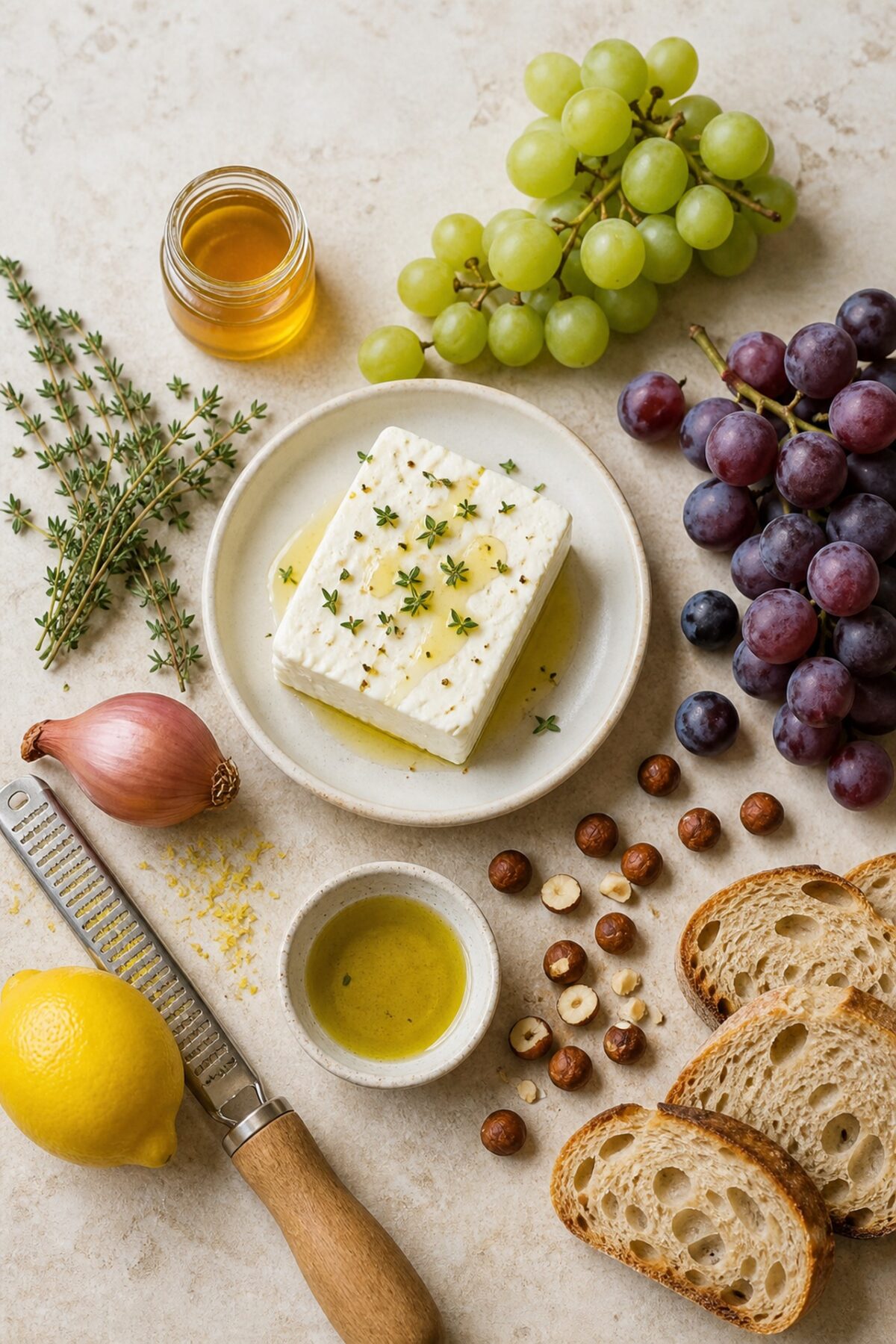 feta, raisins verts et violets, miel, thym, citron, échalote, huile d’olive, noisettes et pain au levain