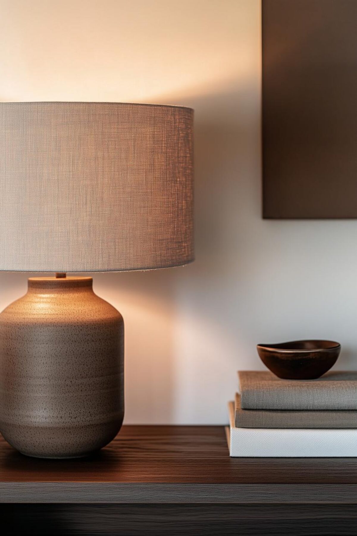Lampe en céramique avec abat-jour textile diffusant une lumière chaude sur un buffet en bois foncé