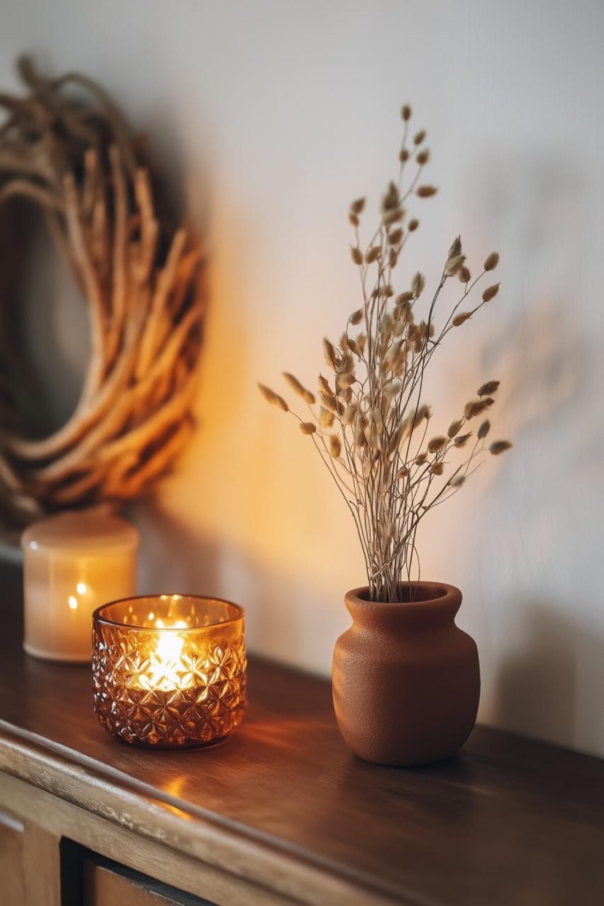 Buffet en bois avec lampe allumée, canapé crème, bougies et fleurs séchées dans un salon chaleureux