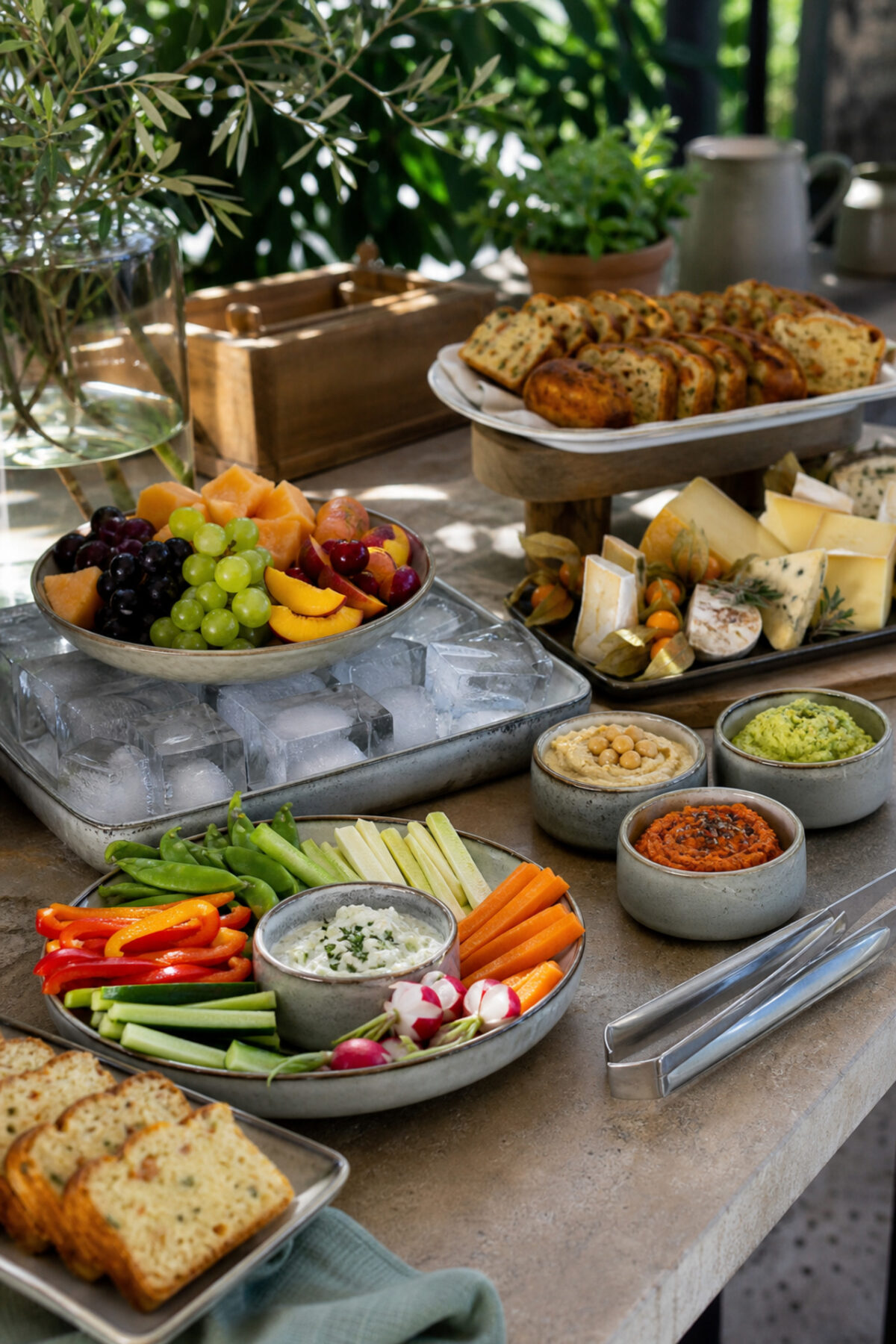 petits plateaux de cake, crudités, fromages et fruits servis progressivement sur une table de buffet ombragée