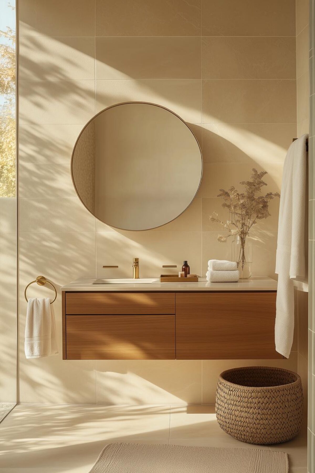 Salle de bain lumineuse avec meuble vasque suspendu en bois, miroir rond, panier tressé et serviettes blanches dans une ambiance naturelle.