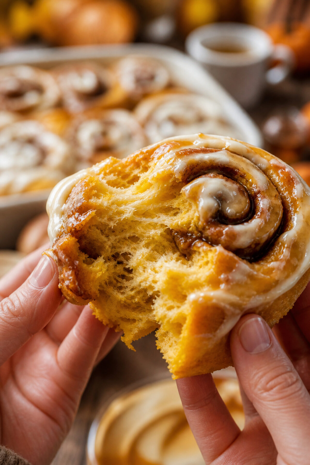 cinnamon roll au potimarron ouvert à la main montrant une mie orangée moelleuse et une spirale à la cannelle