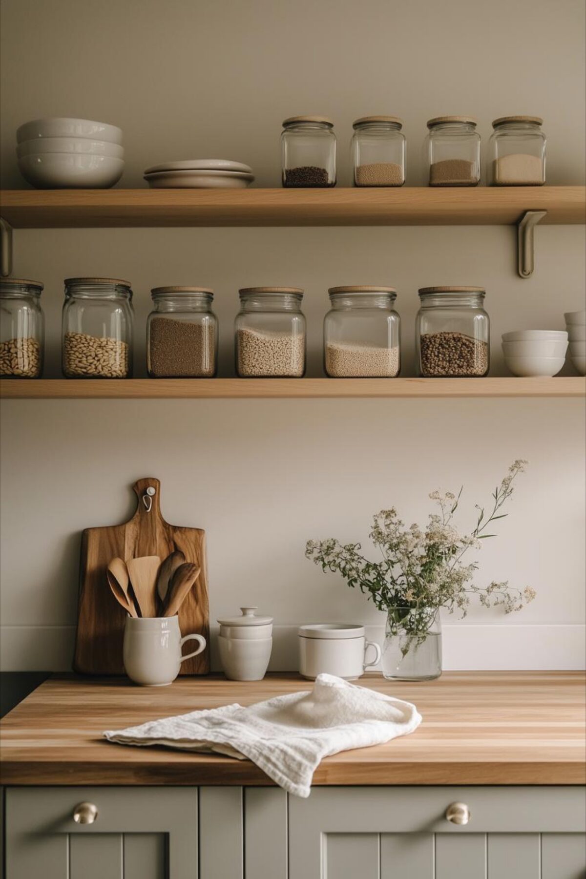étagères ouvertes de cuisine avec bocaux en verre remplis de graines et céréales, vaisselle blanche, planche en bois et bouquet champêtre