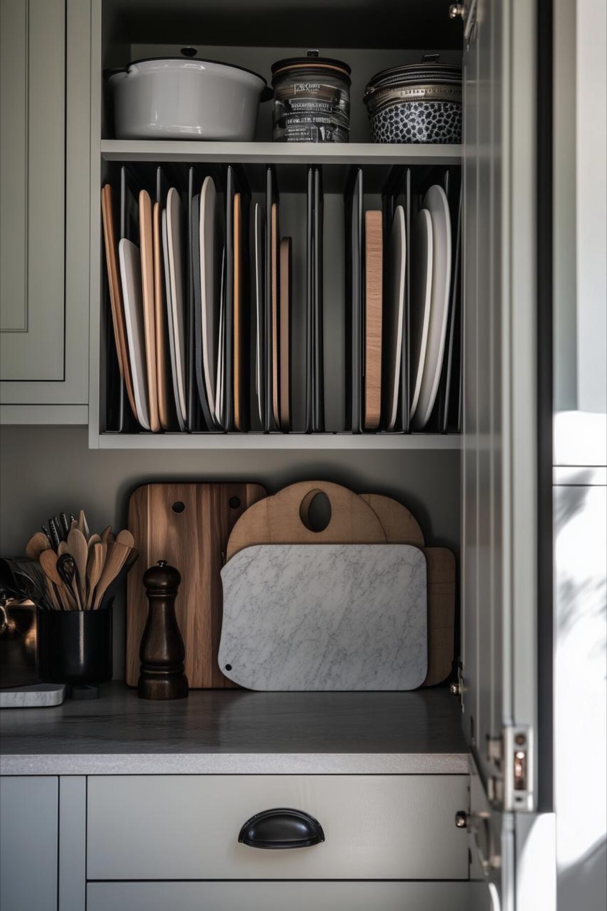 placard de cuisine organisé avec planches à découper rangées verticalement, cocotte blanche, ustensiles en bois et tiroir gris vert