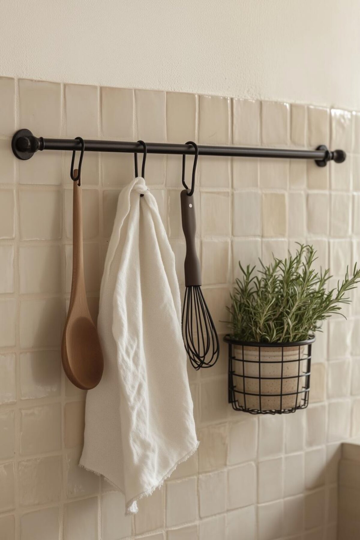 rail de crédence noir sur carrelage clair avec cuillère en bois, torchon, fouet et panier d’herbes aromatiques