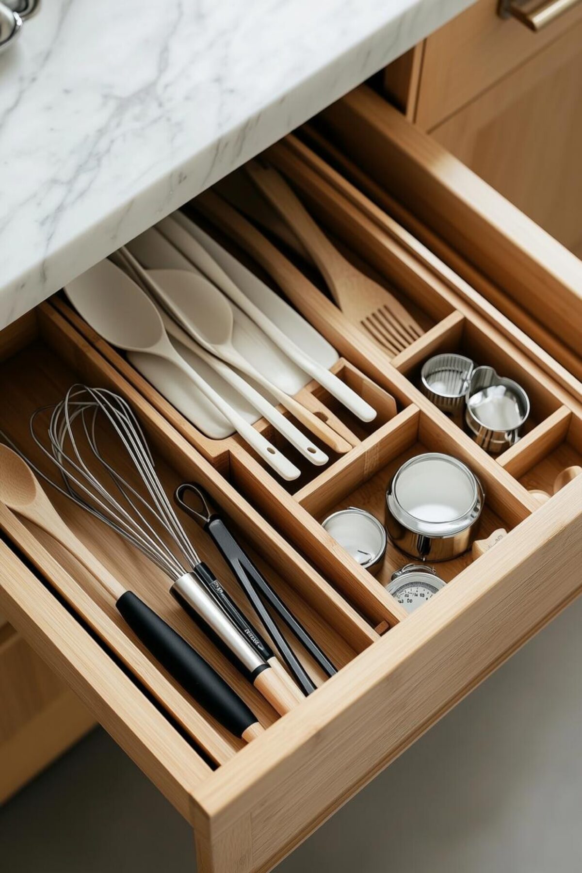 tiroir de cuisine en bois avec séparateurs pour fouets, spatules, cuillères et petits accessoires de pâtisserie