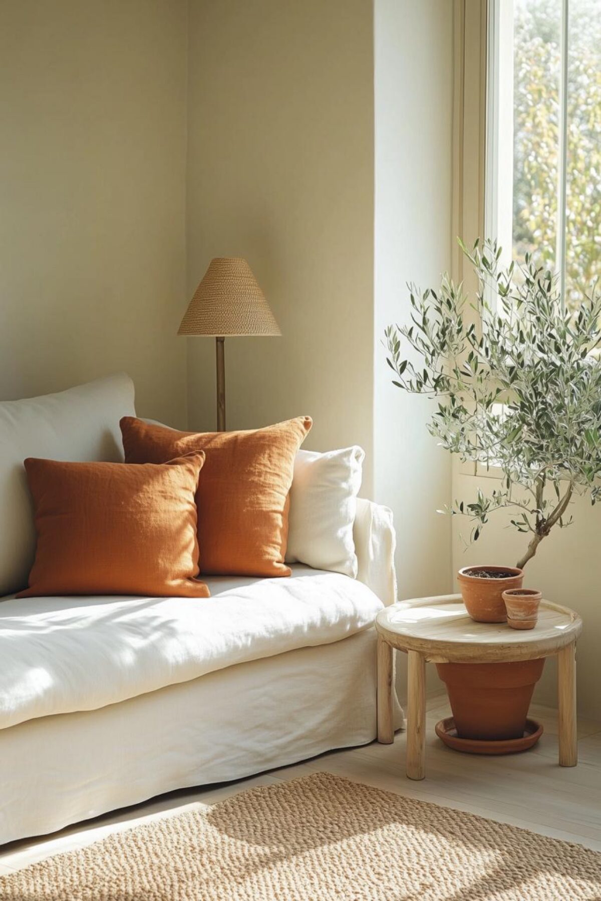 Canapé blanc lumineux avec coussins terracotta, olivier en pot, tapis en fibres naturelles et lumière douce