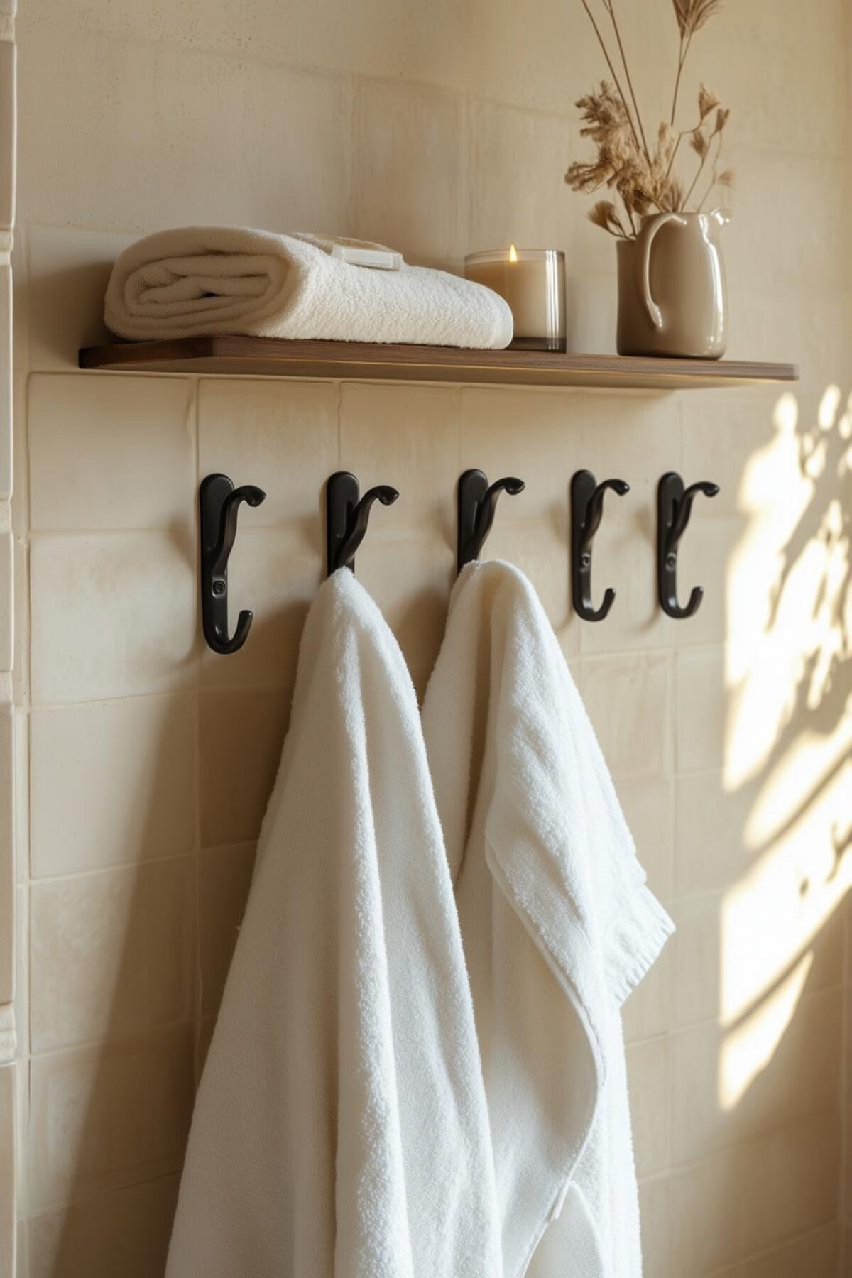 Rangement mural de salle de bain avec patères noires, serviettes blanches suspendues, tablette en bois et lumière naturelle.