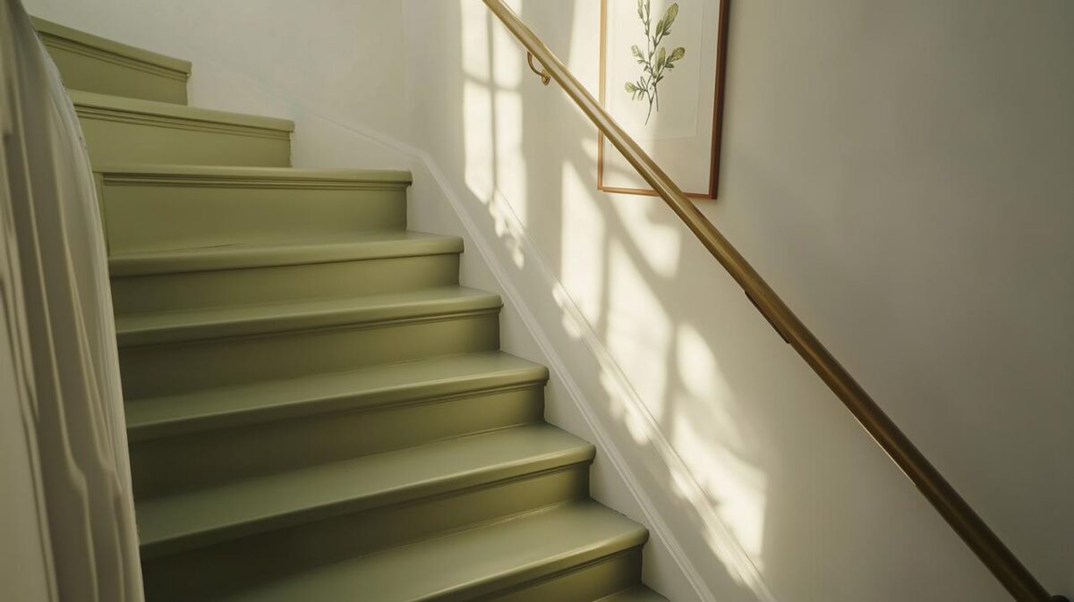 peindre un escalier en vert sauge avec rampe en bois et lumière naturelle sur les marches