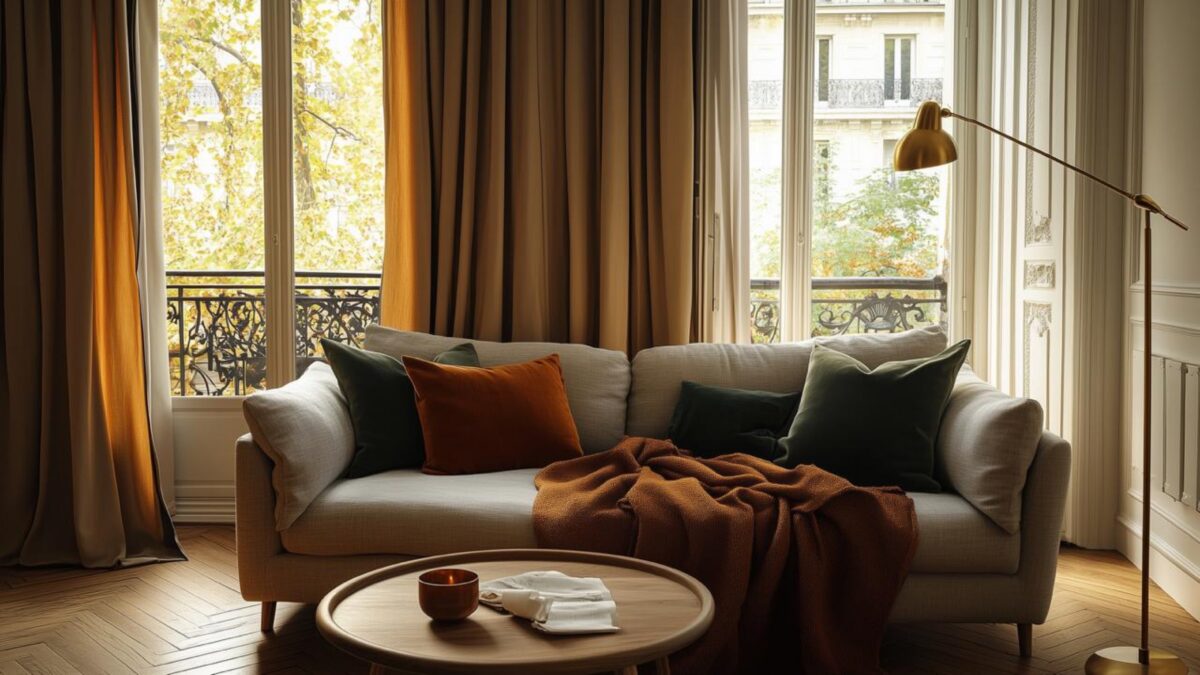 Petit salon cocooning aux rideaux bruns, coussins vert forêt et terracotta, plaid chaud et lumière d’automne