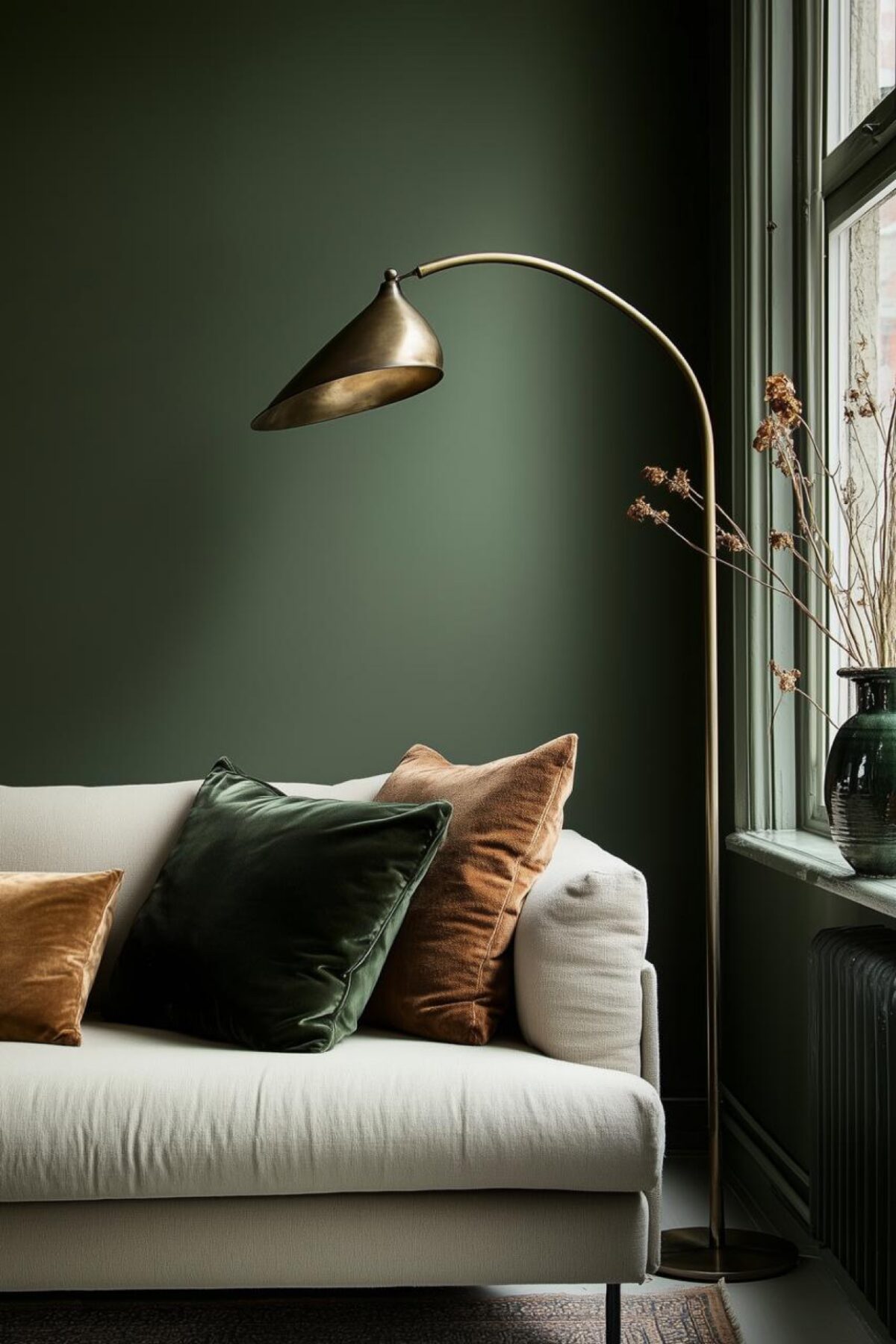 petit salon cocooning avec mur vert profond, canapé clair, coussins en velours vert et terracotta et lampadaire en laiton
