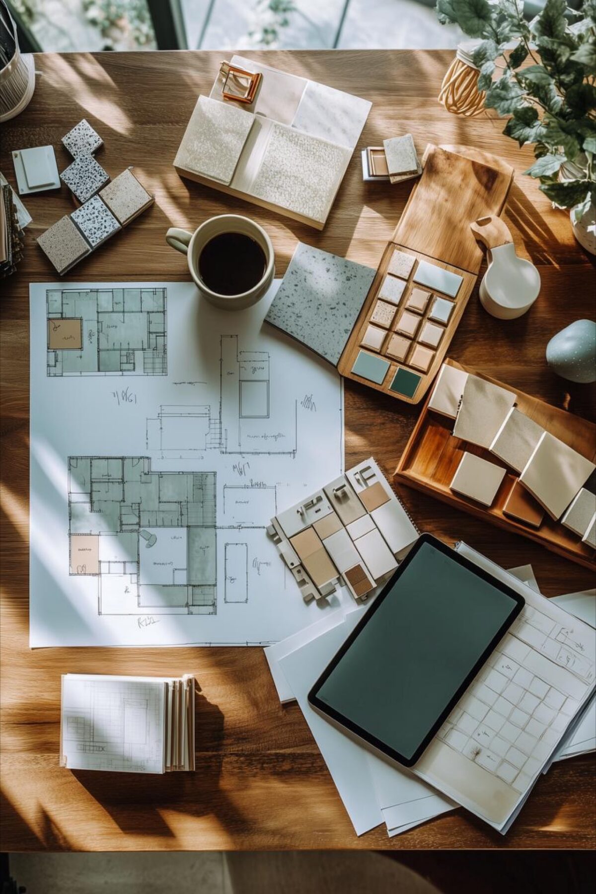 Plans d’aménagement et échantillons de matériaux disposés sur une table en bois