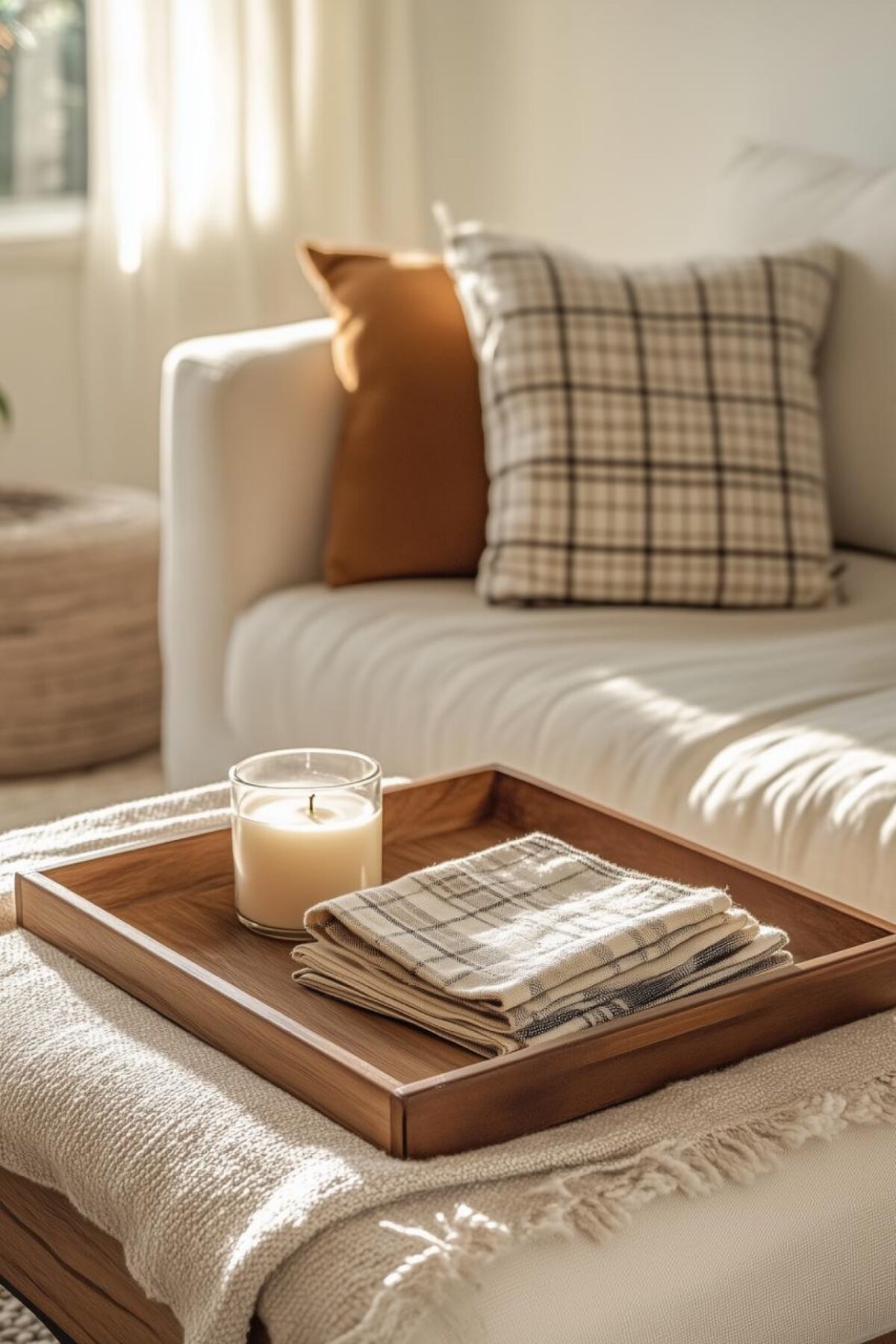 Plateau en bois avec bougie blanche, textiles à carreaux et canapé clair dans un salon chaleureux