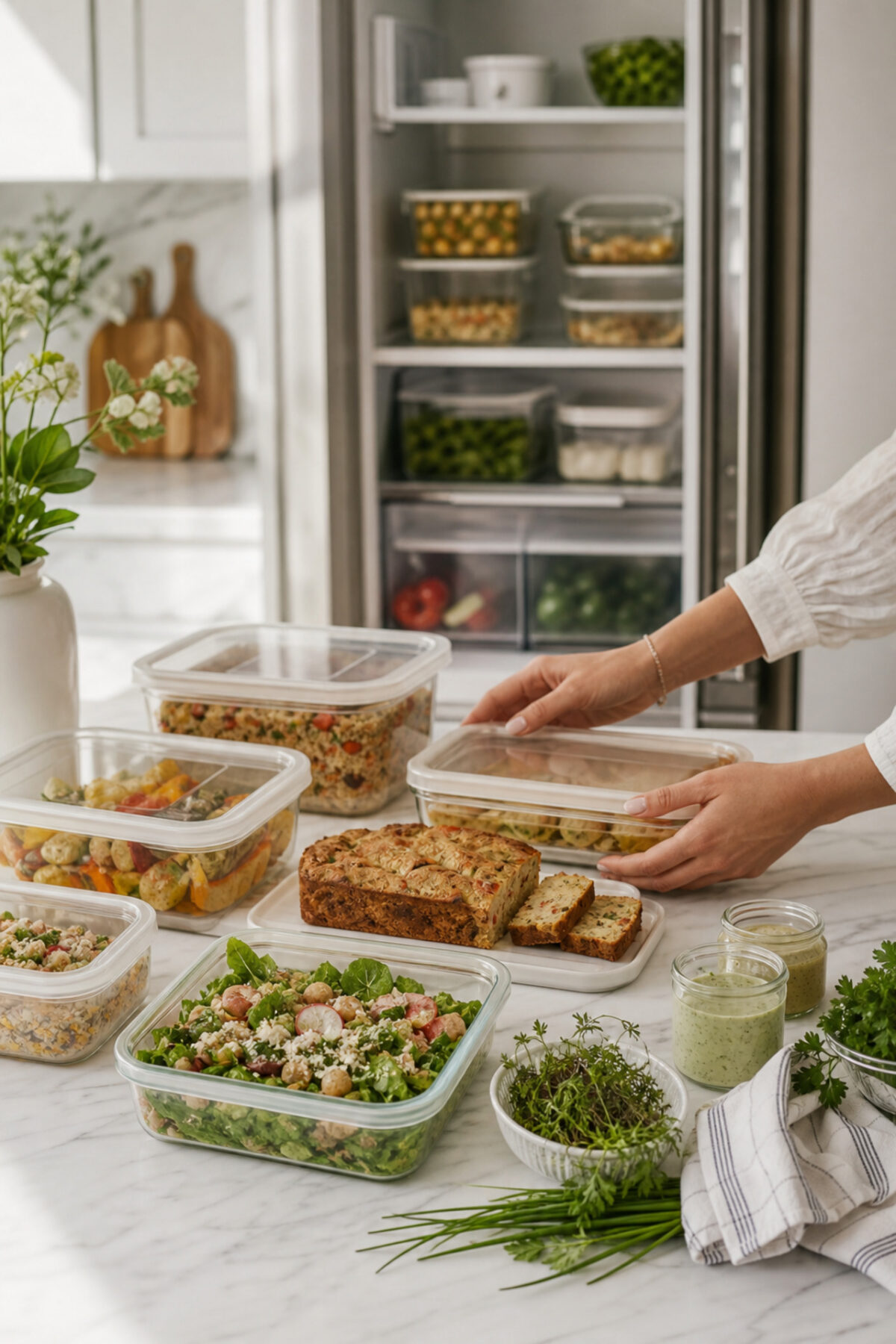 préparation d’un buffet froid la veille dans une cuisine avec salades, cake et sauces rangés dans des contenants fermés