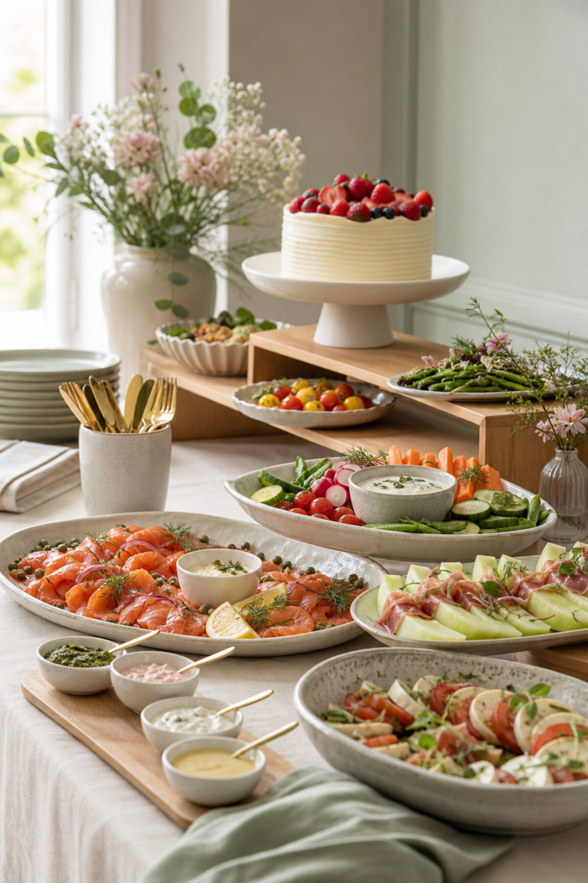 présentation élégante d’un buffet d’anniversaire sur trois hauteurs avec salades, bouchées et gâteau aux fruits rouges