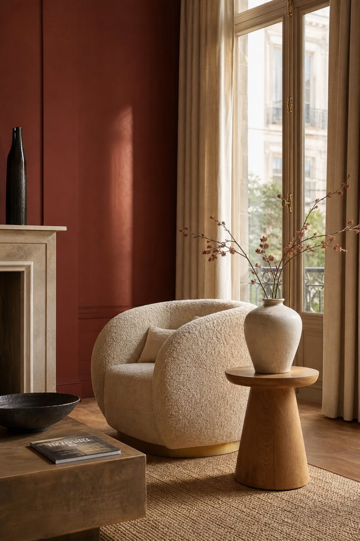 Coin salon avec mur rouge brique, fauteuil bouclette crème, bois clair et tapis en jute