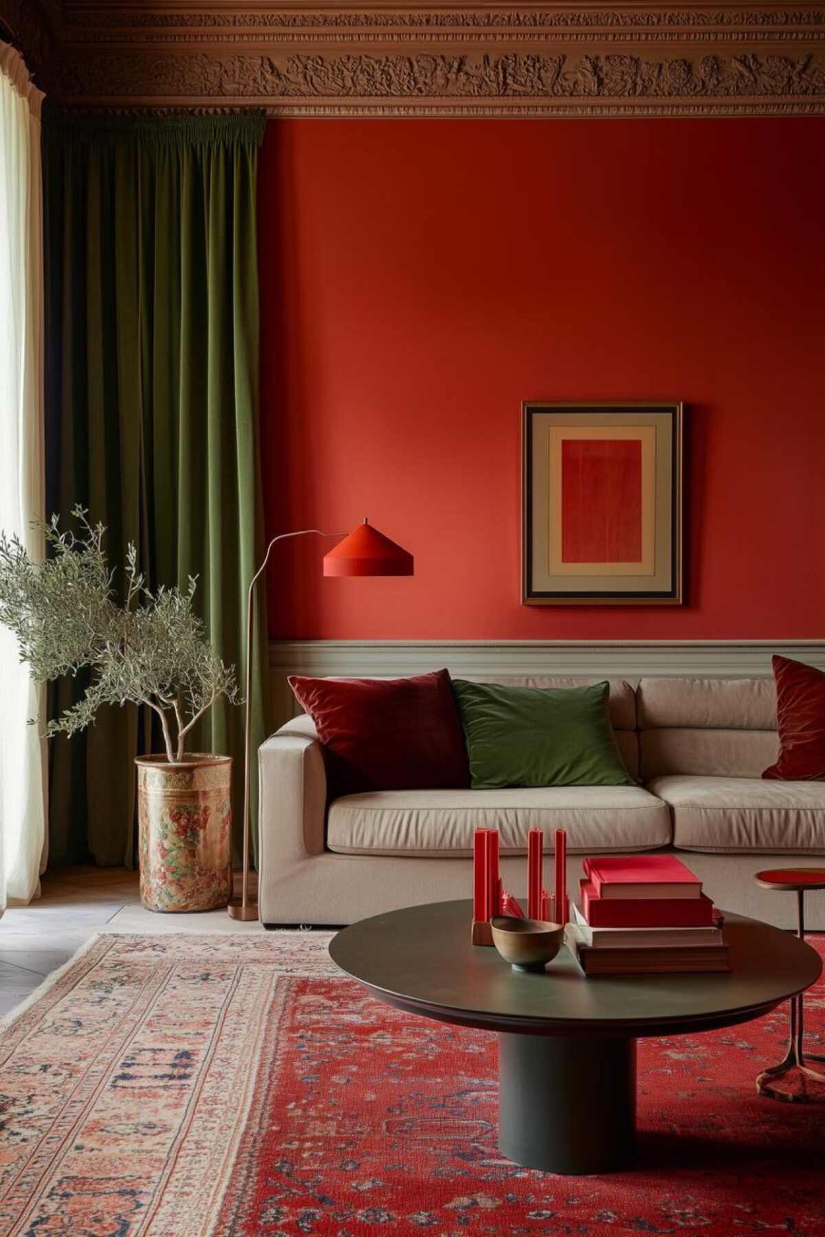 Salon élégant avec mur rouge profond, rideaux vert olive, canapé crème, coussins bordeaux et table basse foncée