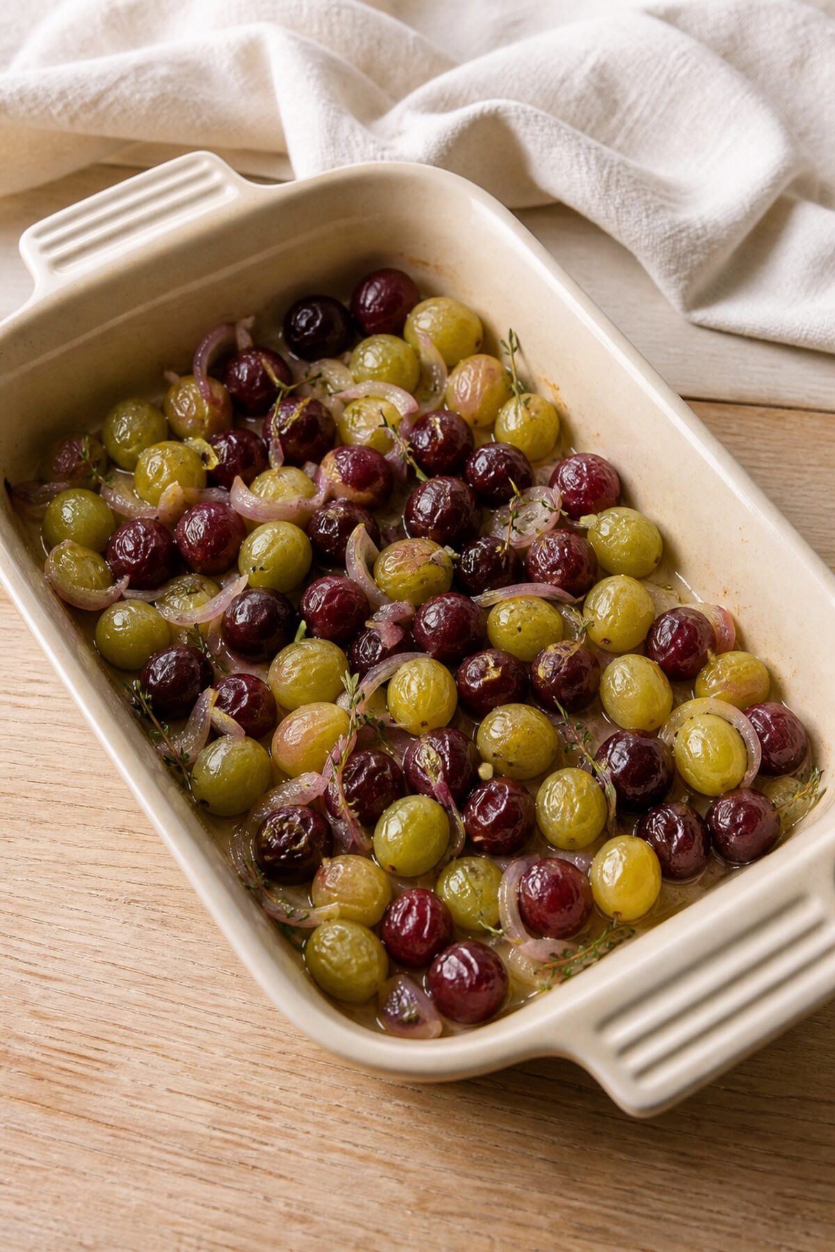 raisins verts et violets légèrement fripés avec échalote et thym après leur première cuisson au four