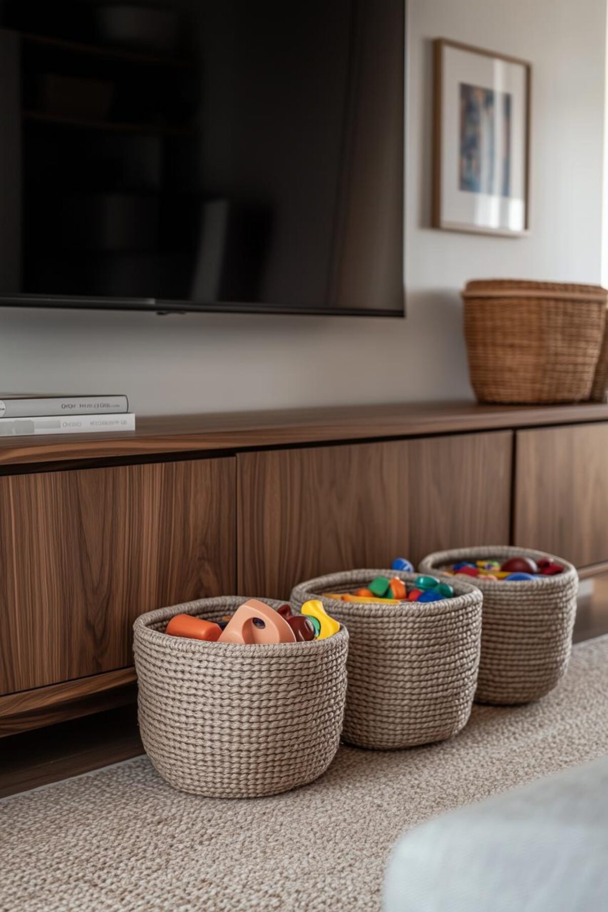 paniers tressés remplis de jouets devant un meuble TV en bois dans un salon familial organisé