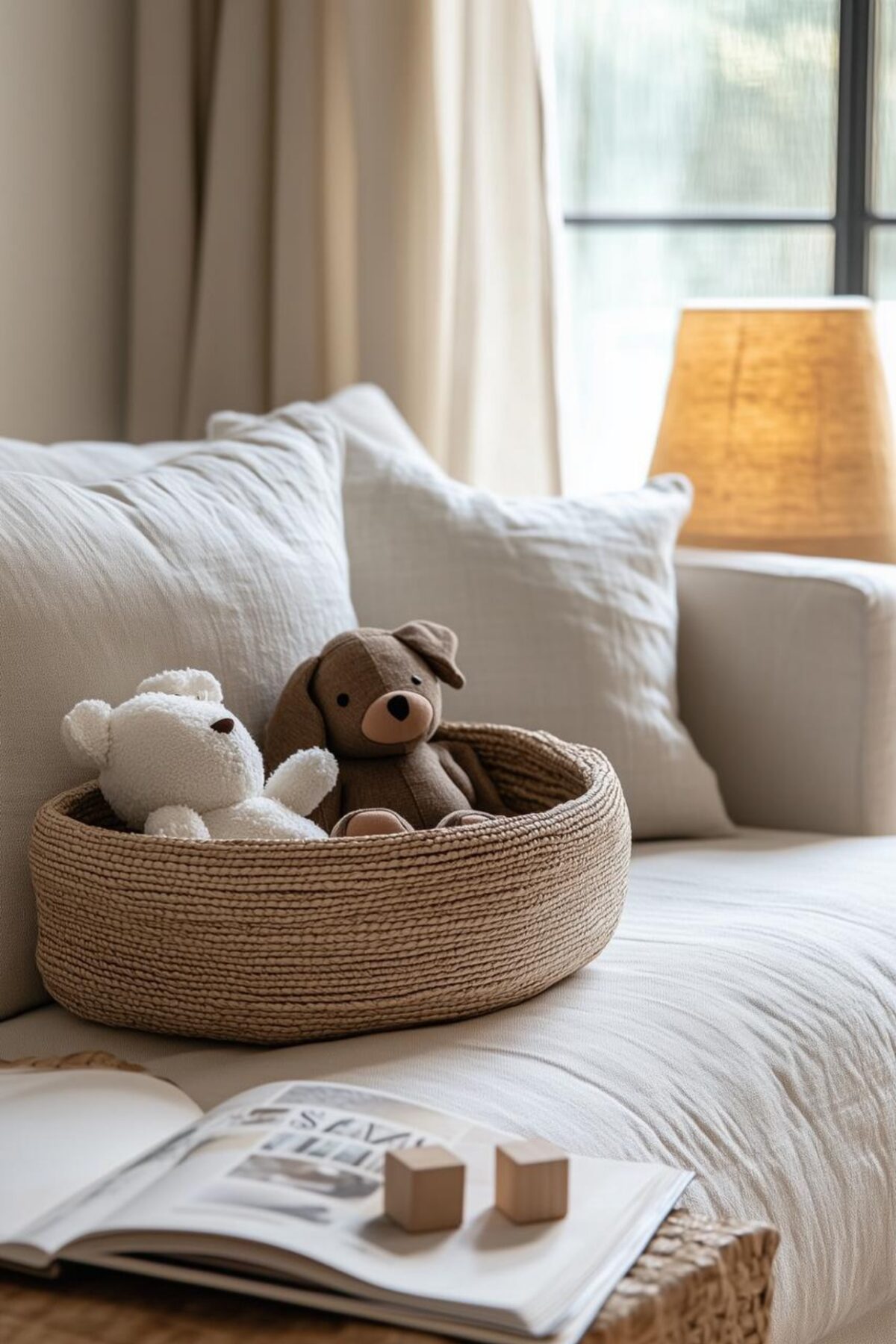 panier tressé avec peluches posé sur un canapé blanc dans un salon familial lumineux avec lampe chaude et livre déco ouvert