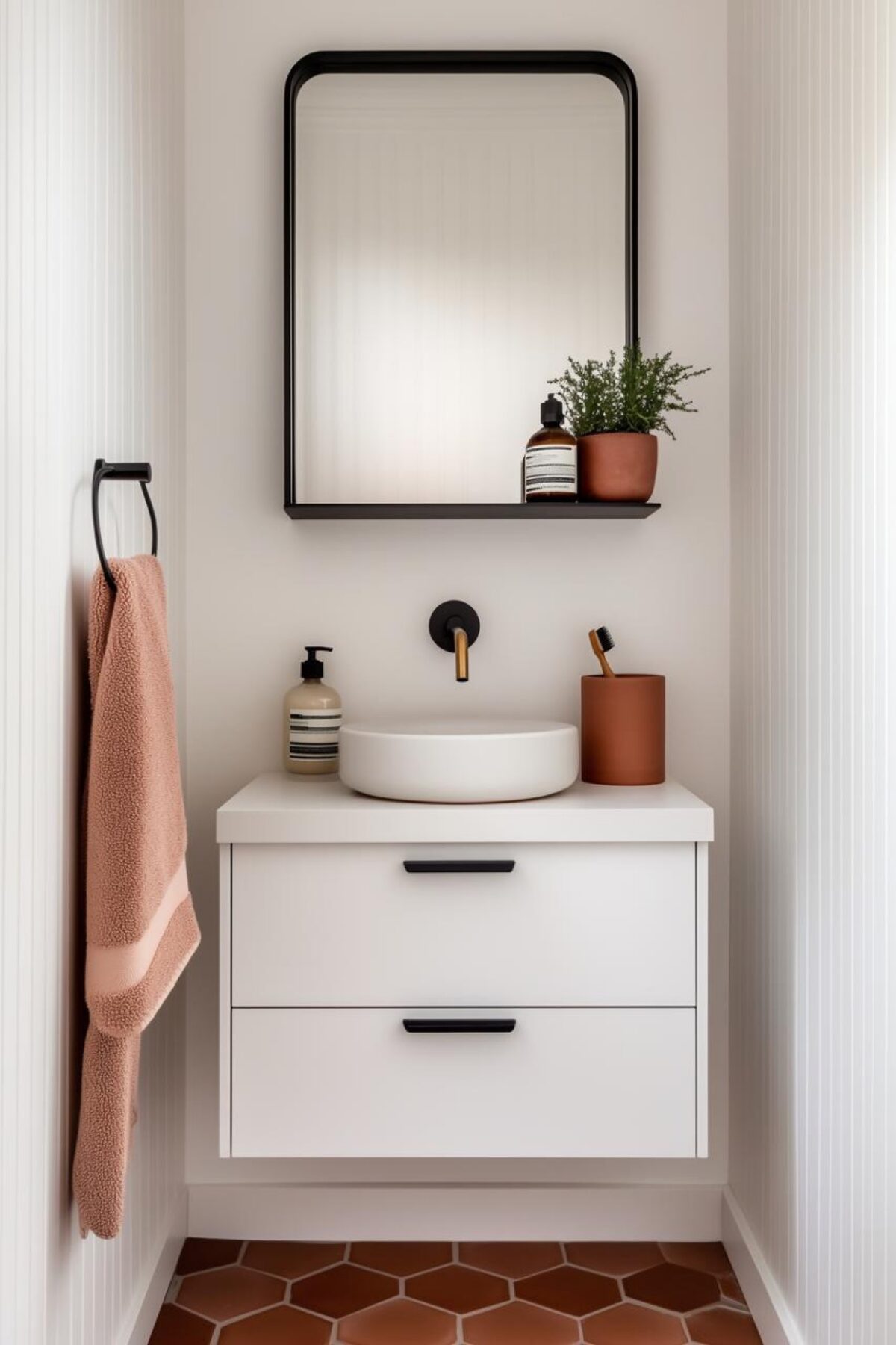 Meuble vasque blanc suspendu avec deux tiroirs, miroir noir, serviette rose et sol terracotta dans une petite salle de bain lumineuse.