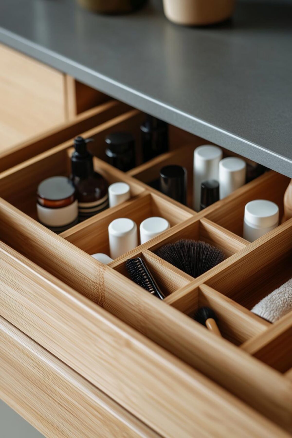 Rangement salle de bain avec séparateurs de tiroir en bois pour classer soins, brosses, flacons et serviettes sous le plan vasque.