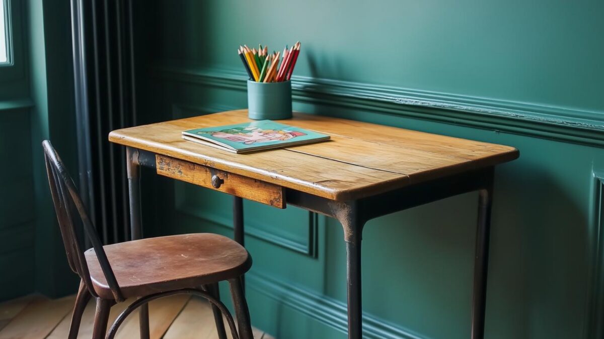 Bureau d’écolier rénové en bois et métal devant un mur vert avec une chaise vintage