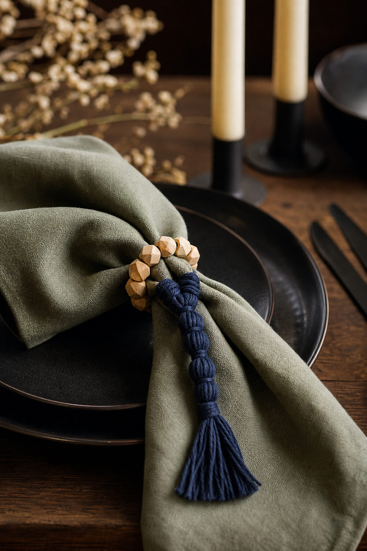 Rond de serviette en perles de bois et macramé bleu indigo autour d’une serviette en lin vert