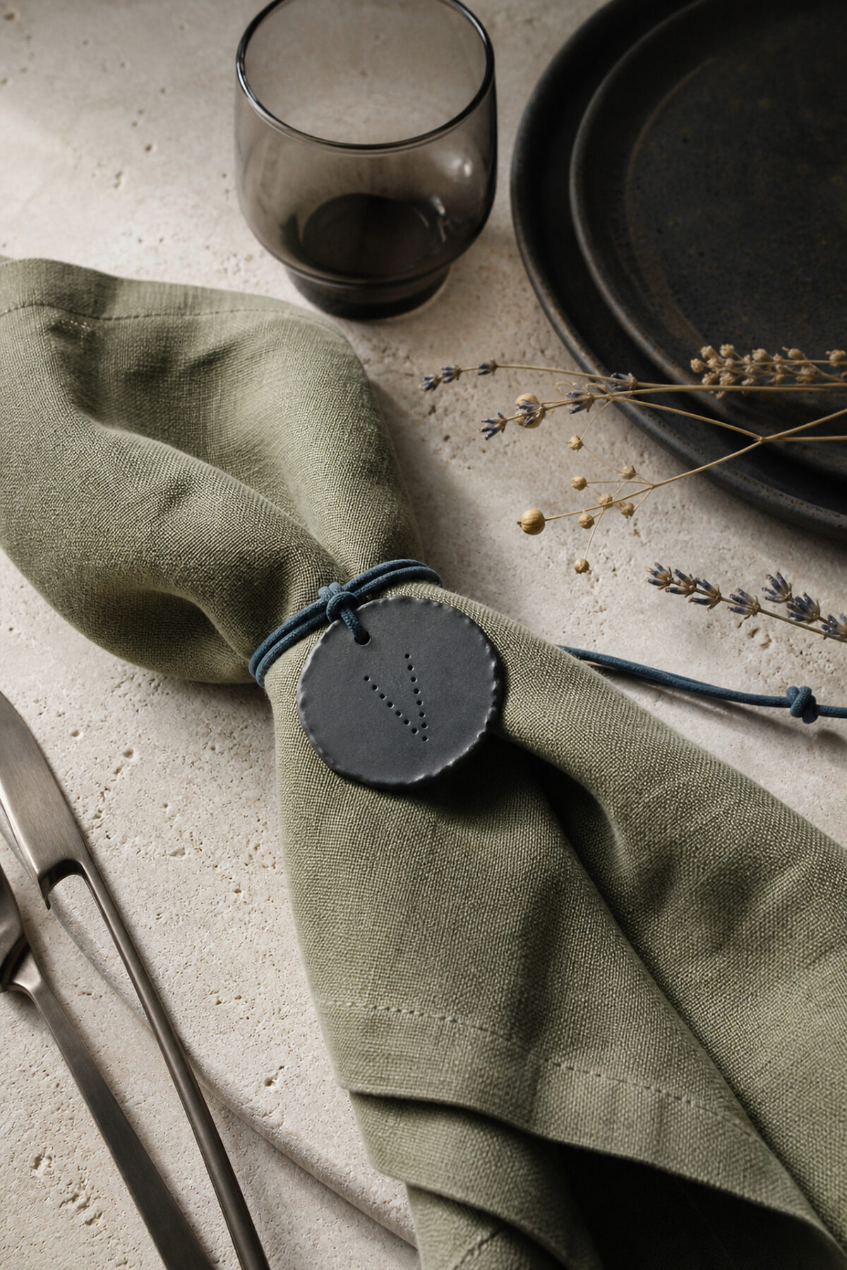 Médaillon rond en argile gris ardoise attaché à une serviette en lin vert sur une table en pierre claire