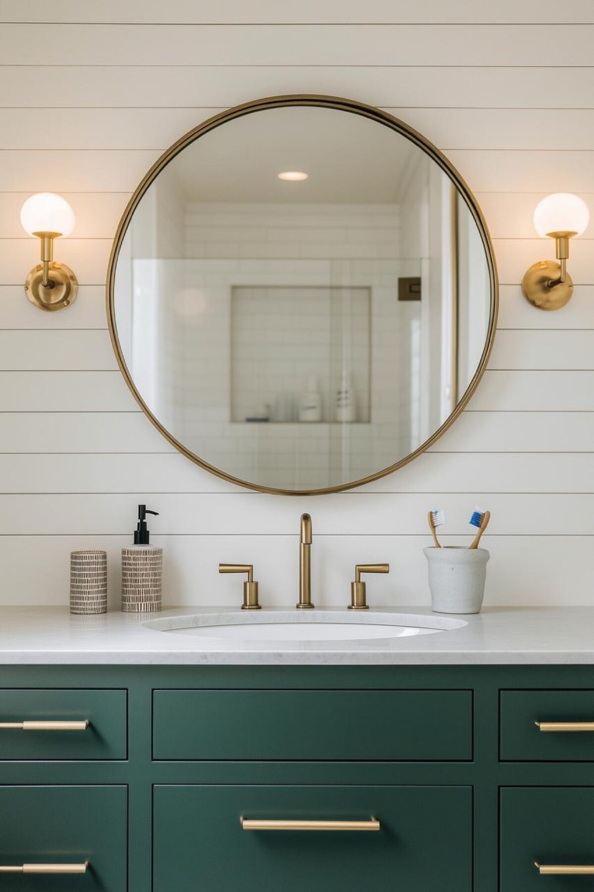 Salle de bain avec meuble vasque vert foncé, miroir rond doré, appliques murales et robinetterie laiton dans une ambiance élégante.