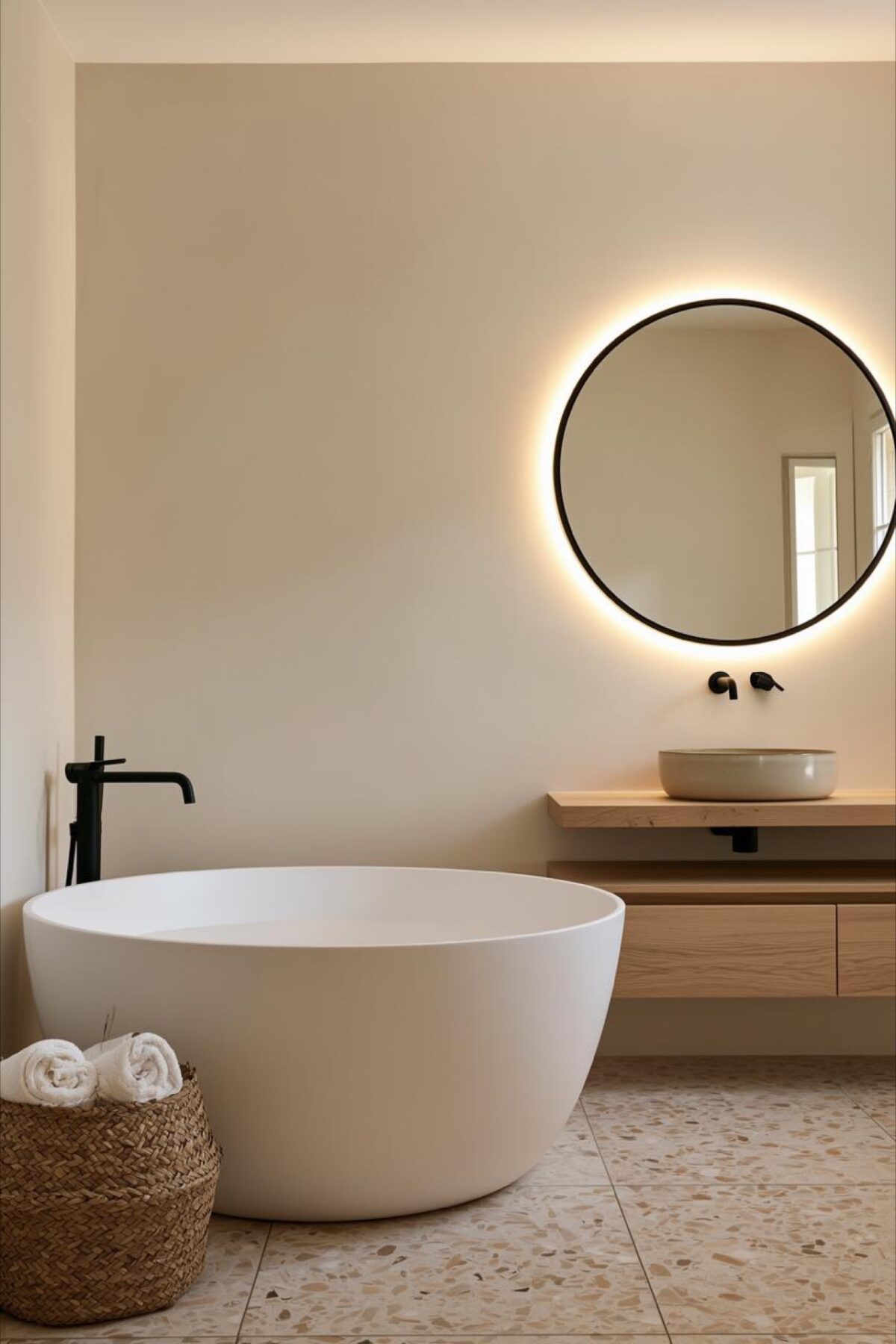 Salle de bains minimaliste avec baignoire îlot, meuble suspendu en bois et miroir rond éclairé