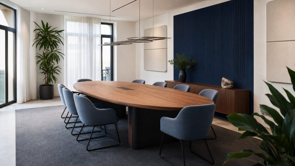 salle de réunion design avec table ovale en noyer, fauteuils bleu grisé et mur bleu profond