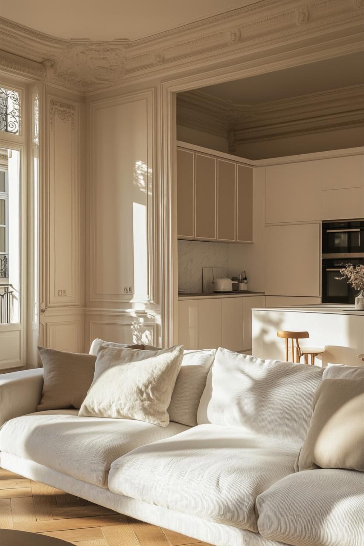 Salon haussmannien lumineux ouvert sur une cuisine crème contemporaine