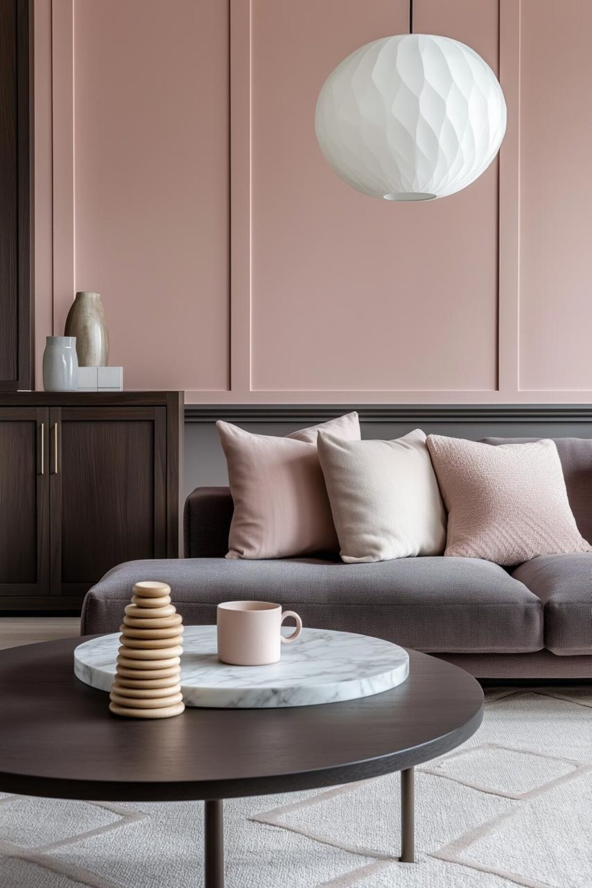 salon chic avec mur rose poudré à moulures, canapé gris, coussins pastel, table basse ronde en bois sombre et plateau en marbre