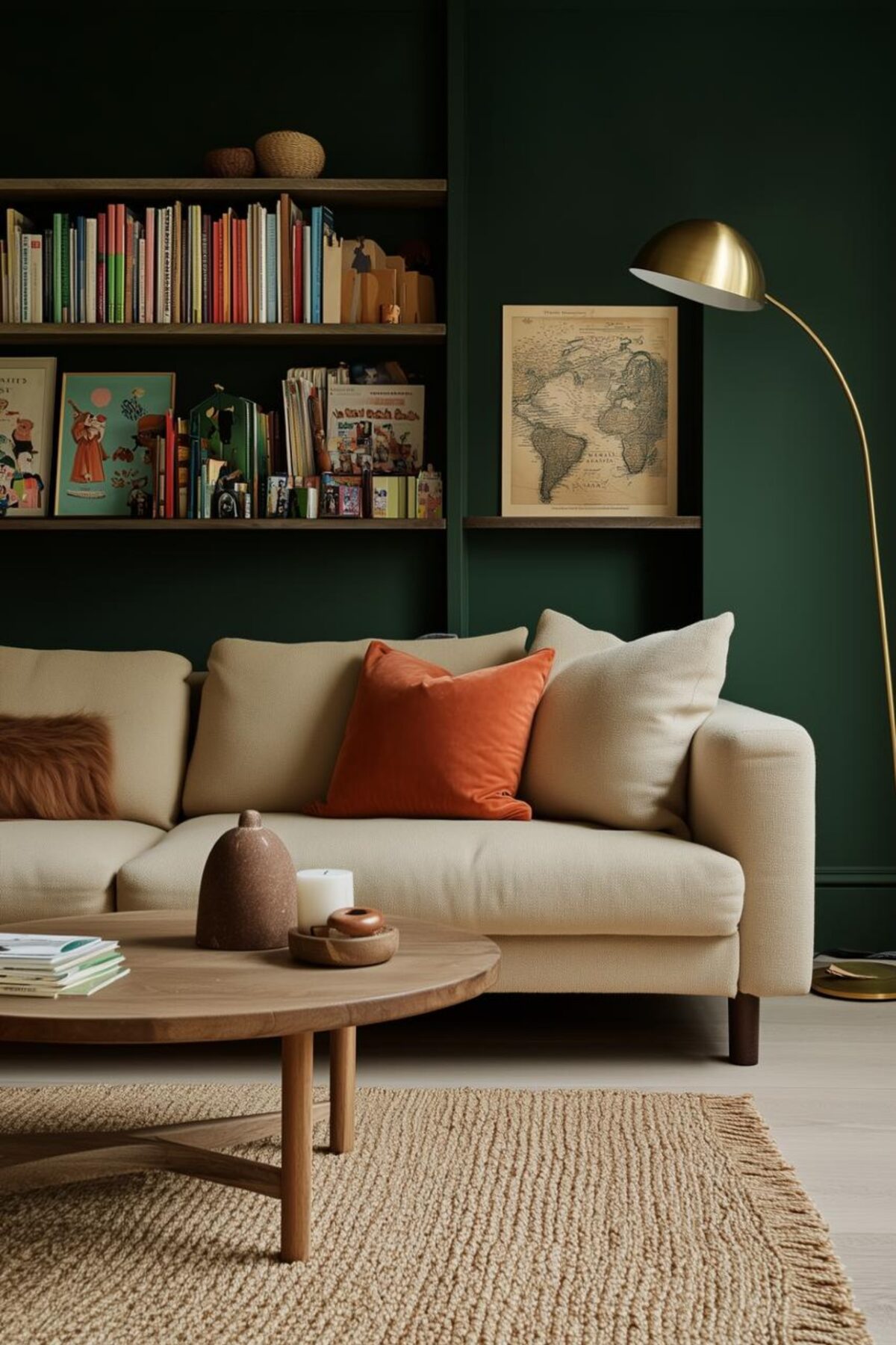 salon familial avec mur vert profond, bibliothèque remplie de livres, canapé beige, coussin terracotta et lampadaire doré
