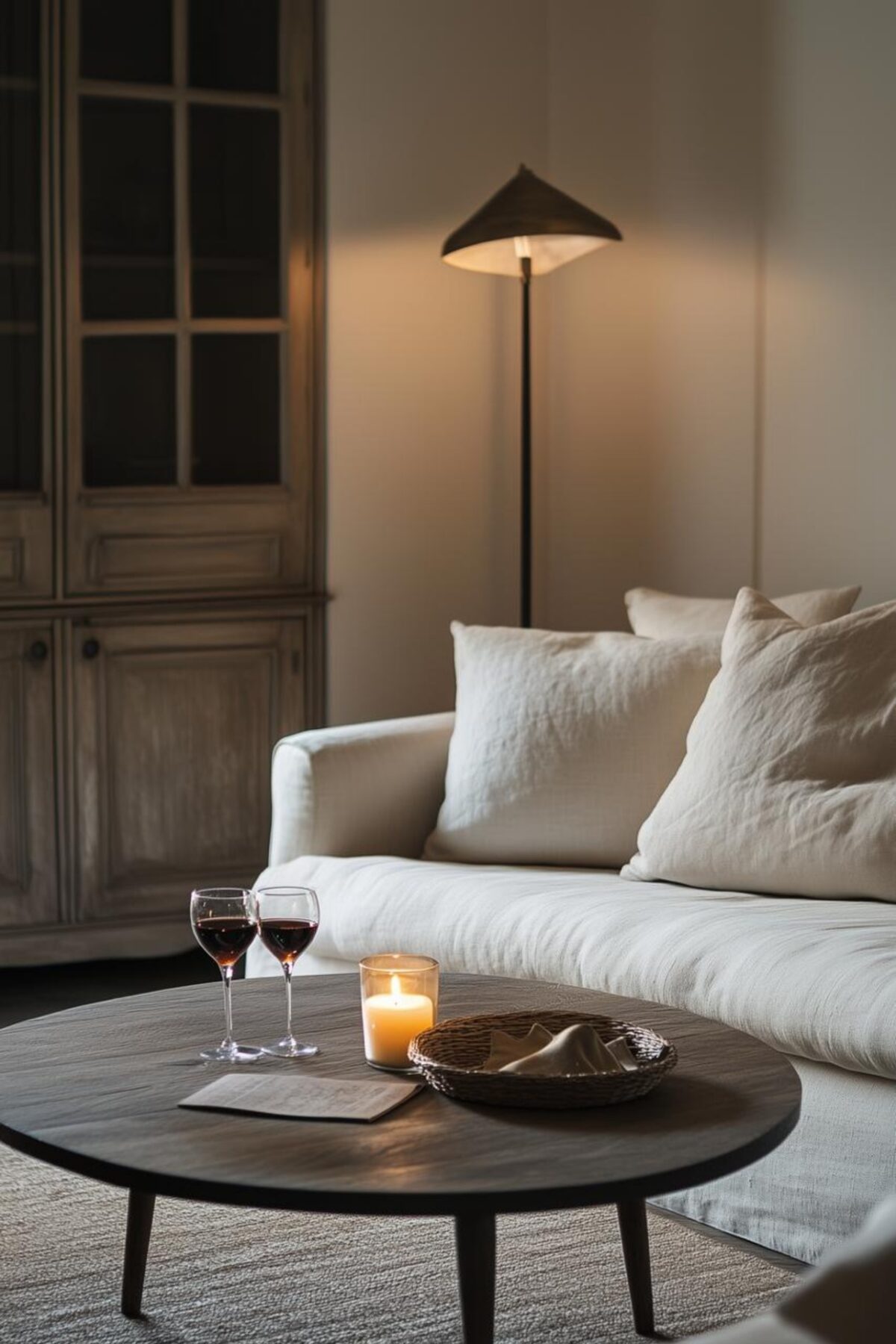 salon familial apaisé le soir avec canapé en lin clair, table basse ronde en bois, bougie allumée, verres et lampadaire doux