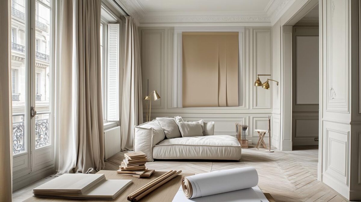 Salon parisien en cours d’aménagement avec rouleaux de papier et échantillons de matériaux