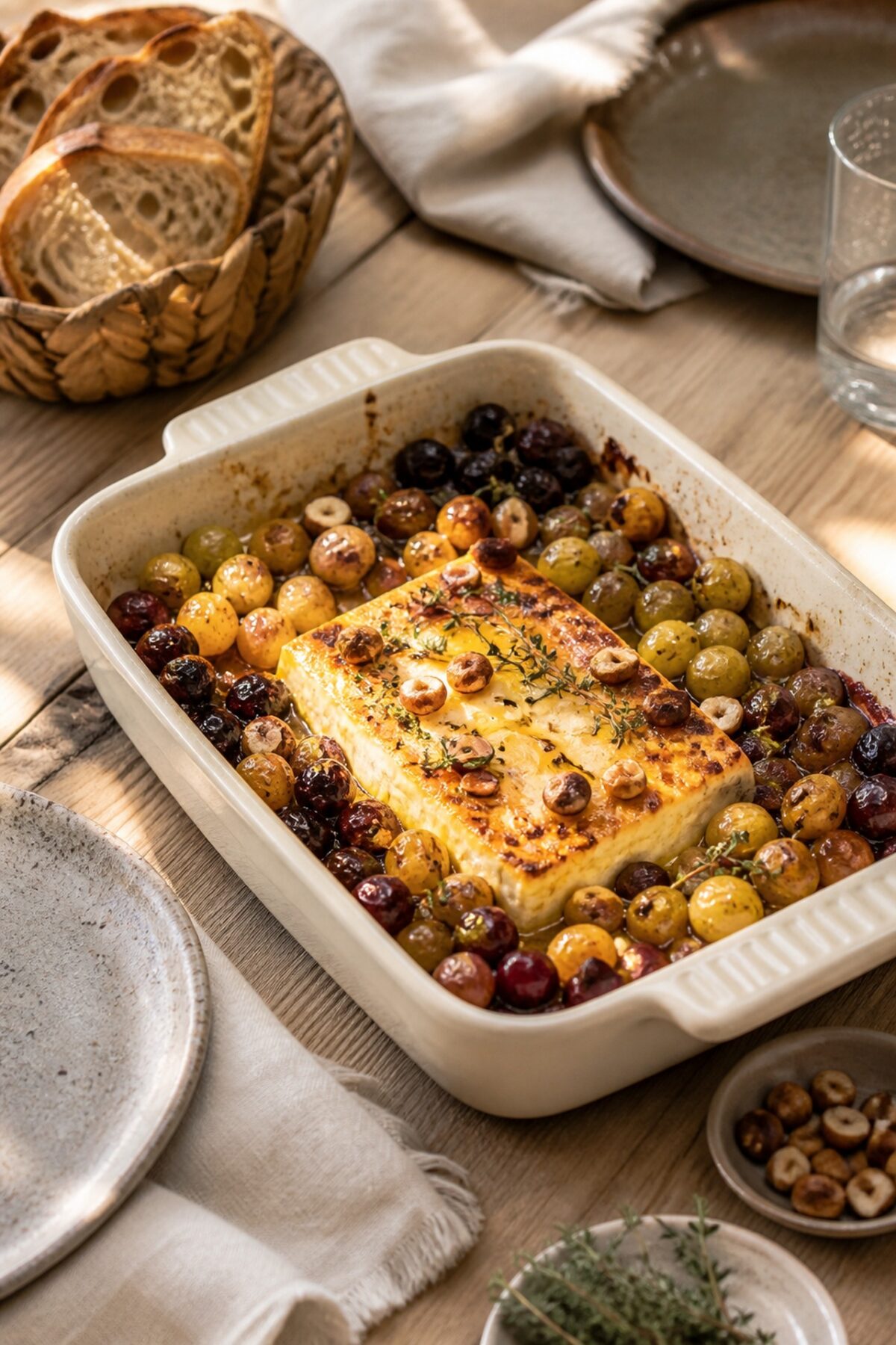 plat de feta rôtie aux raisins, thym et noisettes servi sur une table avec du pain au levain grillé