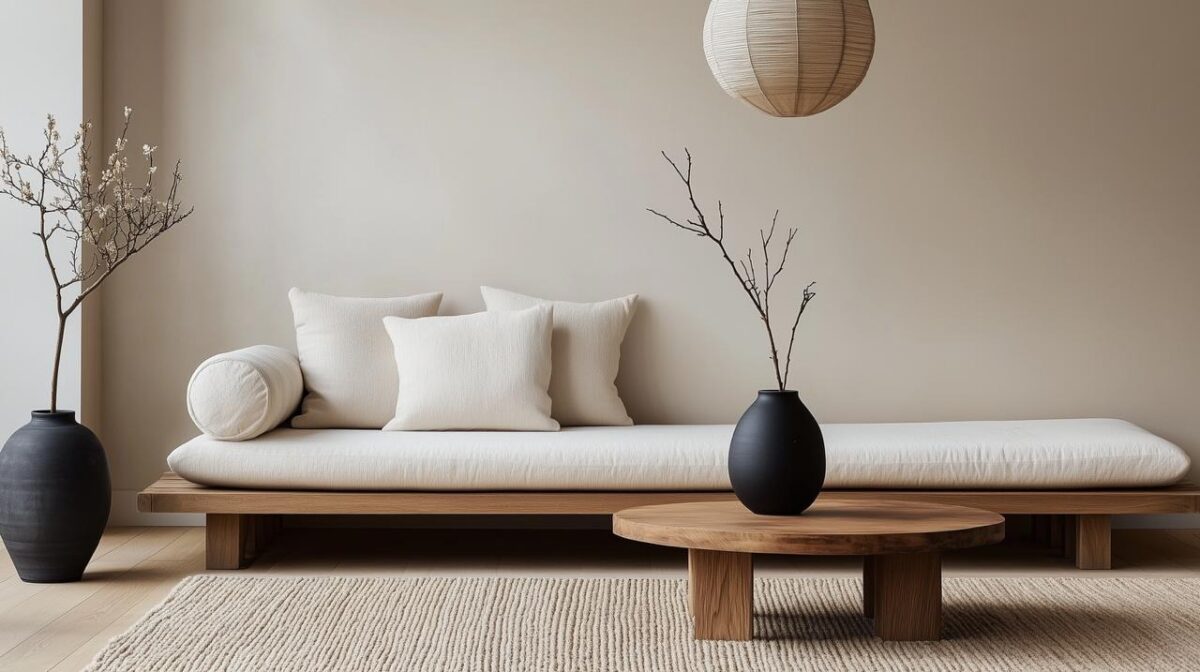 Banquette basse en bois, coussins blancs, table basse ronde et vases noirs dans un salon japandi aux matières naturelles.