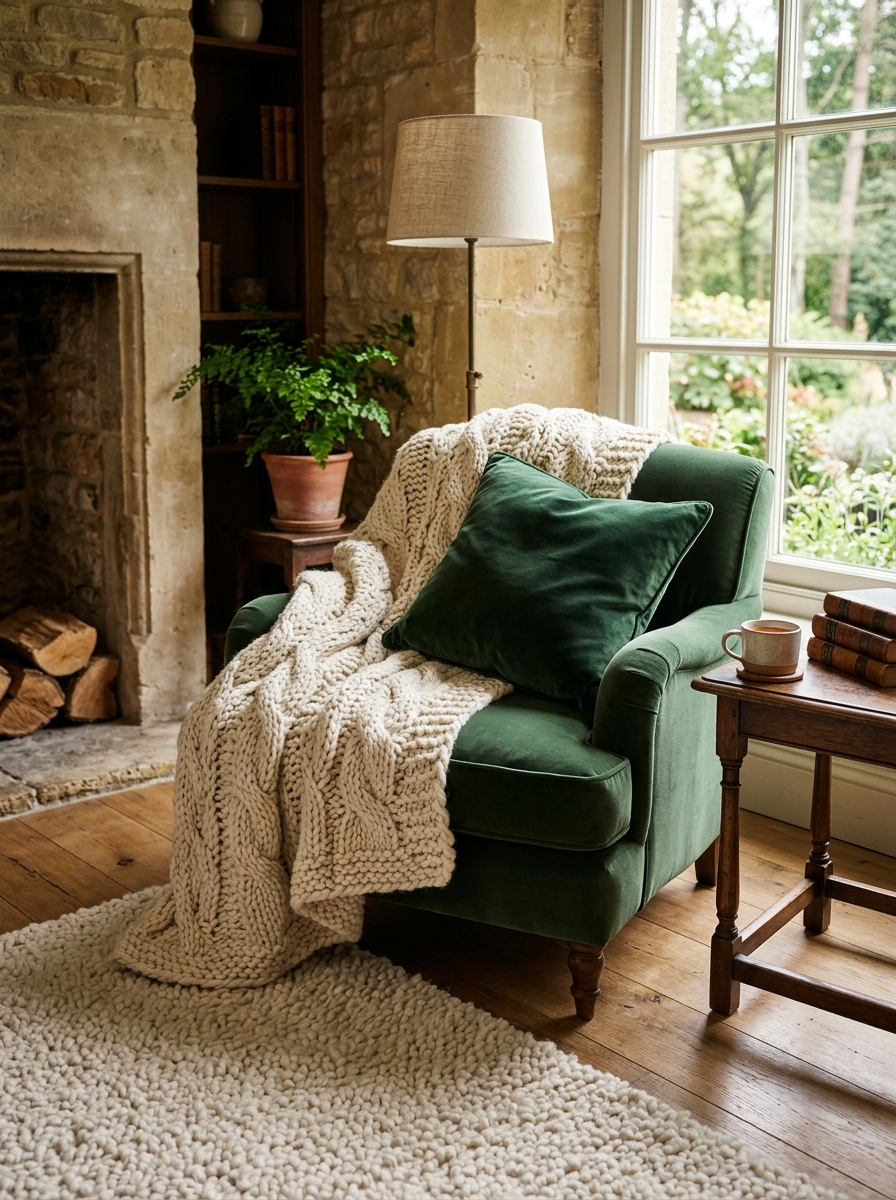 Superposition de textures cosy : un plaid en grosse maille sur un coussin en velours et un tapis moelleux.